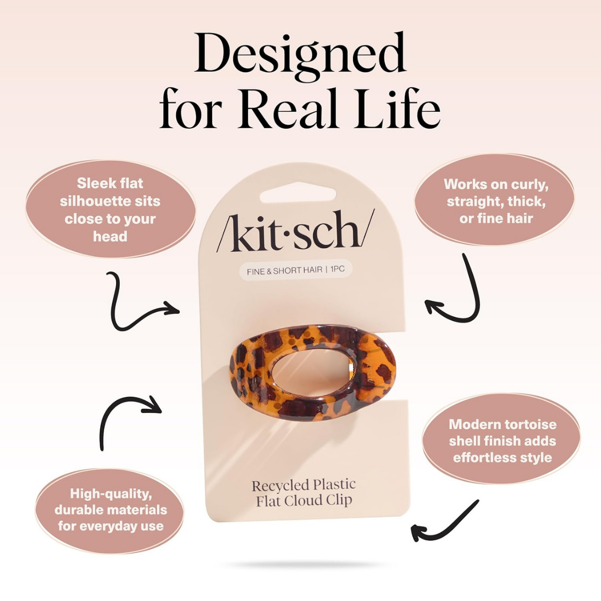 Kitsch Small Flat Claw Clips for Women - Stylish Flat Hair Clips, Strong Hold for Thick & Fine Hair | Non-Slip for Secure, Comfortable All-Day Wear | Ideal Gifts for Women -Tortoise Design