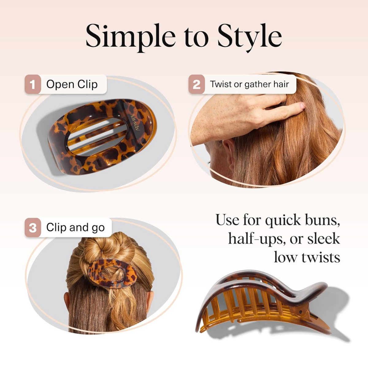 Kitsch Medium Flat Claw Clips for Women - Stylish Flat Hair Clips, Strong Hold for Thick & Fine Hair | Non-Slip for Secure, Comfortable All-Day Wear | Ideal Gifts for Women - Tortoise Design