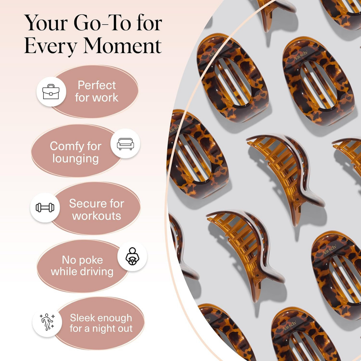 Kitsch Medium Flat Claw Clips for Women - Stylish Flat Hair Clips, Strong Hold for Thick & Fine Hair | Non-Slip for Secure, Comfortable All-Day Wear | Ideal Gifts for Women - Tortoise Design