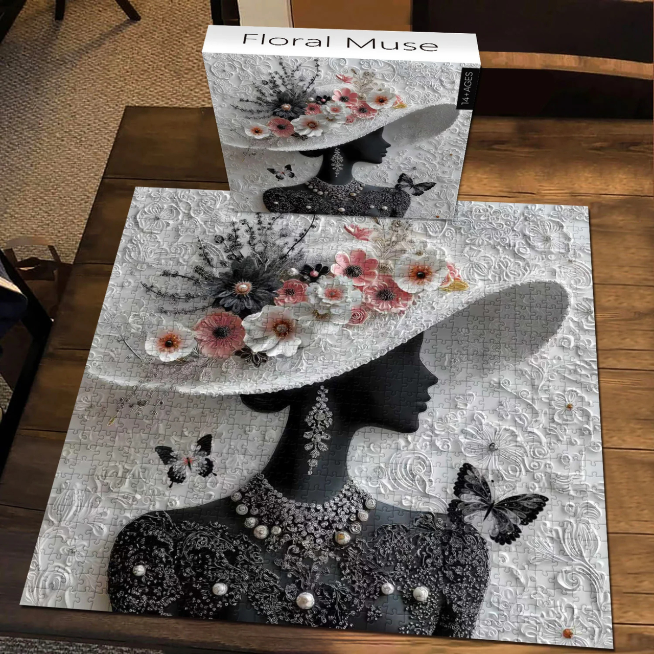 Impossible Puzzles for Adults 1000 Pieces,PICKFORU Floral Muse Puzzle Elegant Lady,Beauty Flower Woman Puzzle Black and White Pearl,Hard Challenge Jigsaw Puzzles Aesthetic