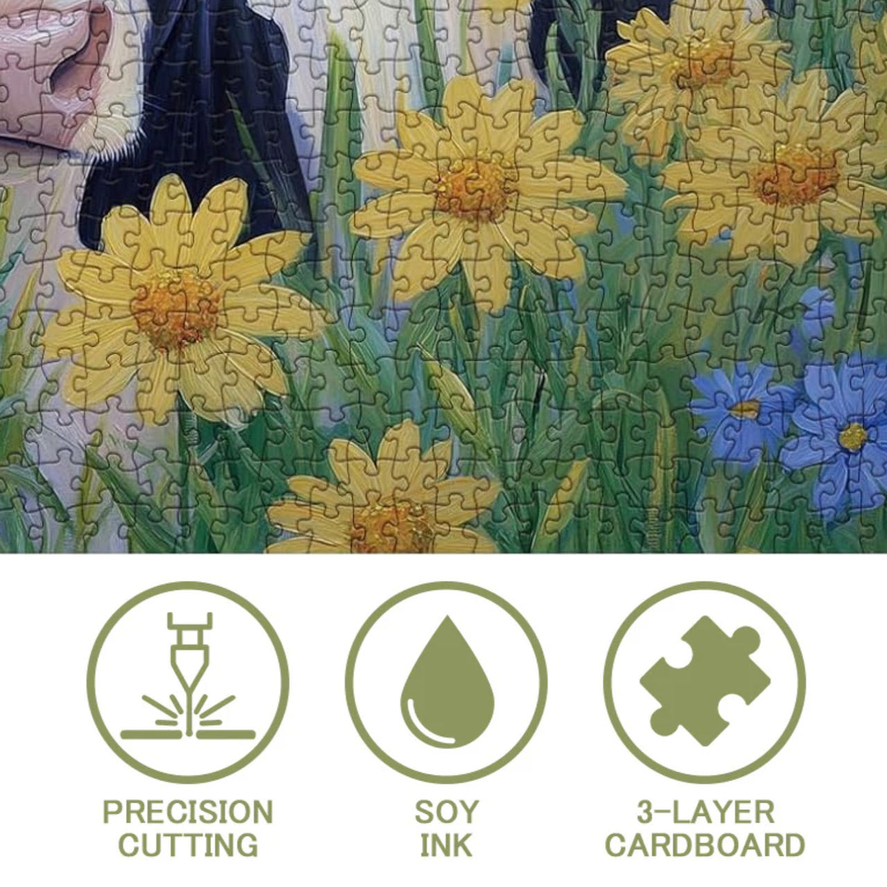 Sunflower Cow Painting Jigsaw Puzzle 1000 Piece for Adult, Animal Flower Plant Nature Jigsaw Puzzles, Funny Art Beautiful Landscape Puzzle