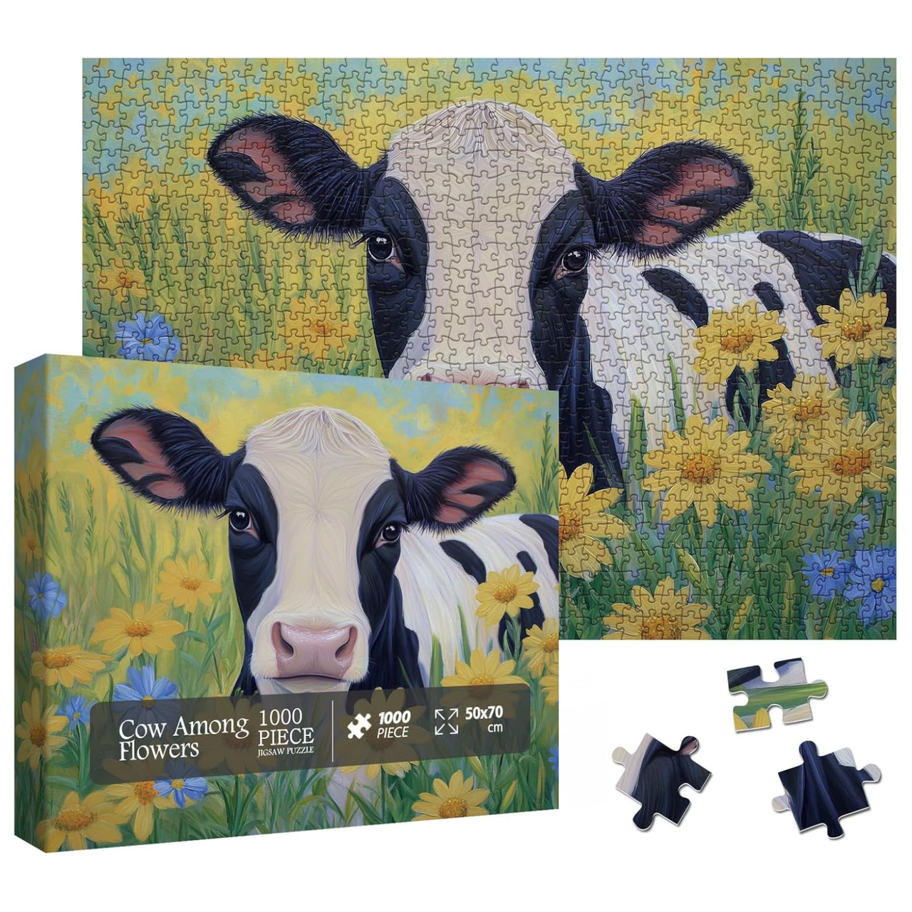 Sunflower Cow Painting Jigsaw Puzzle 1000 Piece for Adult, Animal Flower Plant Nature Jigsaw Puzzles, Funny Art Beautiful Landscape Puzzle
