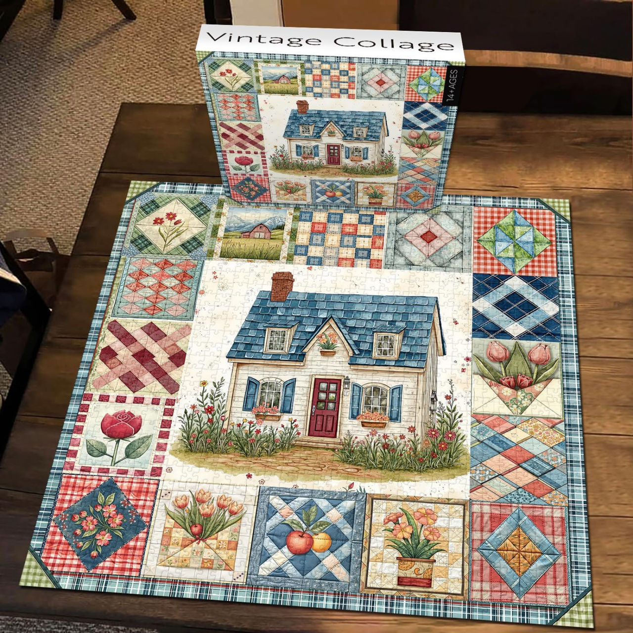 Vintage Collage Patchwork Puzzles for Adults 1000 Pieces, PICKFORU Vintage Collage Puzzles House, Retro Spring Flower Pattern Puzzle as Wall Decor