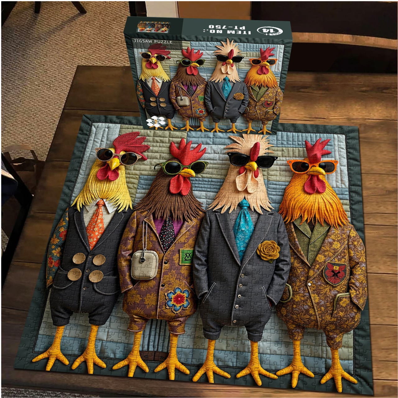Funny Chicken Family Puzzle 1000 Pieces, Vintage Stylish Roosters Jigsaw Puzzles, Colorful Animal Chickens Puzzle