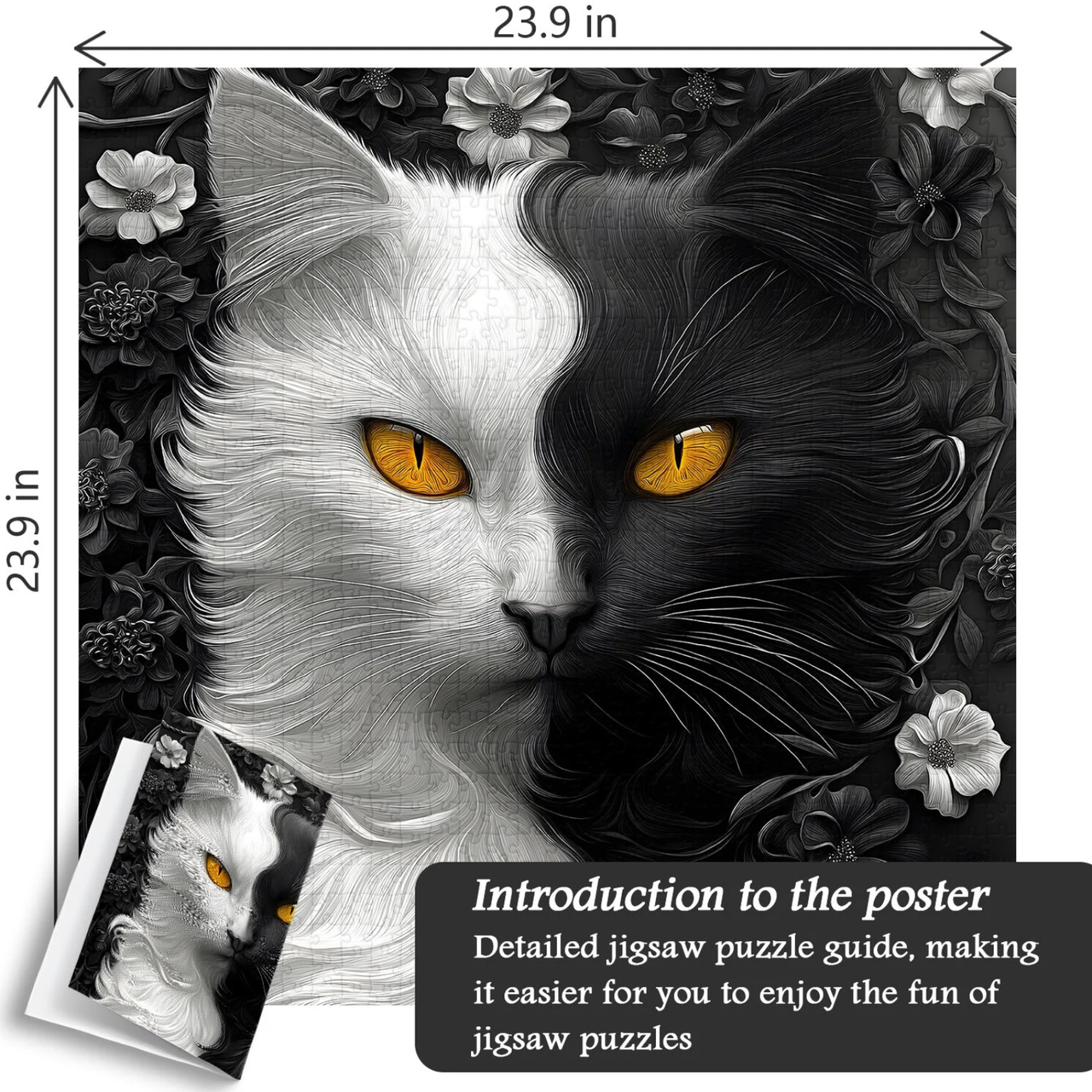 Yin Yang Cat Jigsaw Puzzle 1000 Pieces for Adults,Black and White Kitty Animal Flower Puzzle, Unique Kitten Puzzle,Impossible Difficult Hard Challenge for Adults, Cat Aesthetic Home Wall Decor