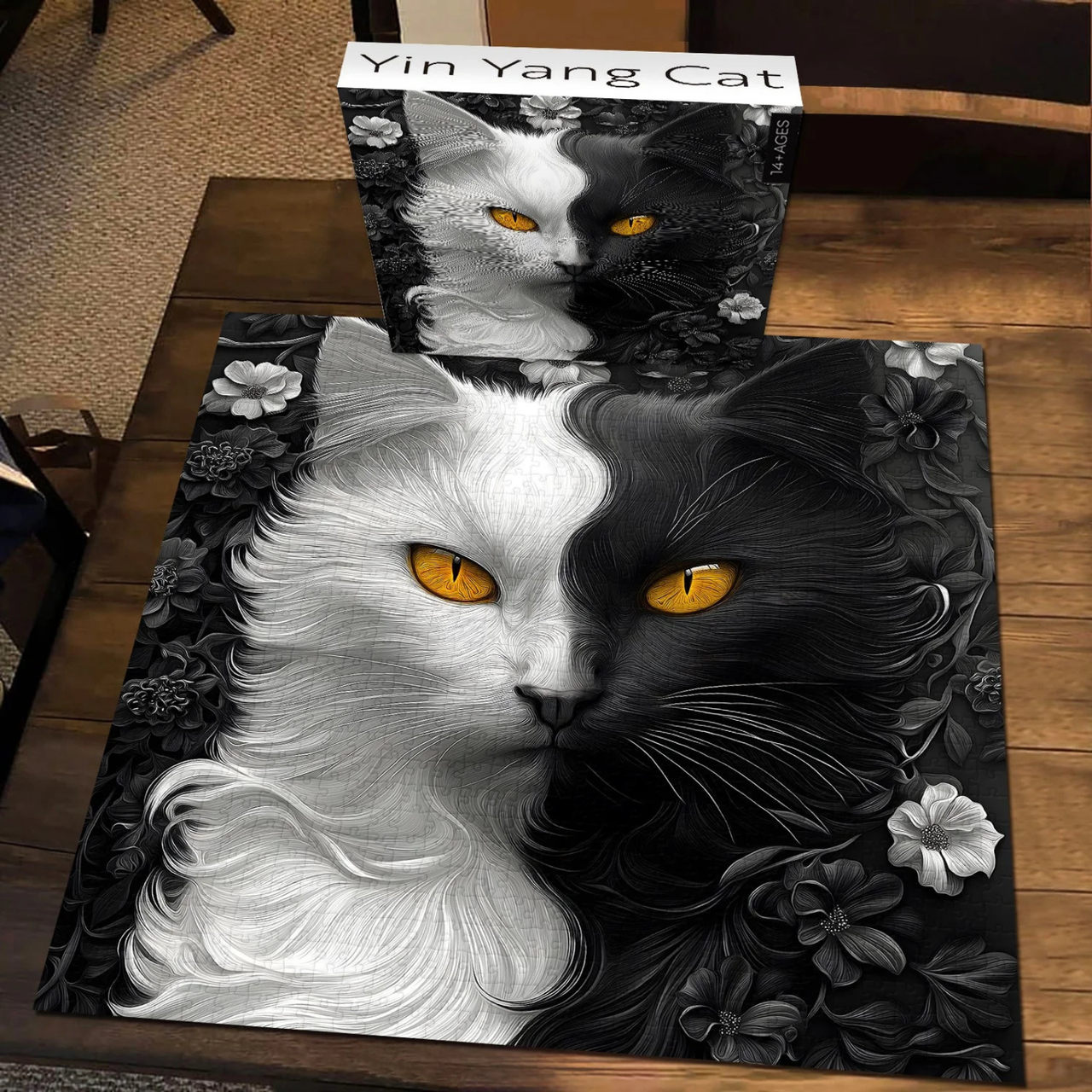 Yin Yang Cat Jigsaw Puzzle 1000 Pieces for Adults,Black and White Kitty Animal Flower Puzzle, Unique Kitten Puzzle,Impossible Difficult Hard Challenge for Adults, Cat Aesthetic Home Wall Decor