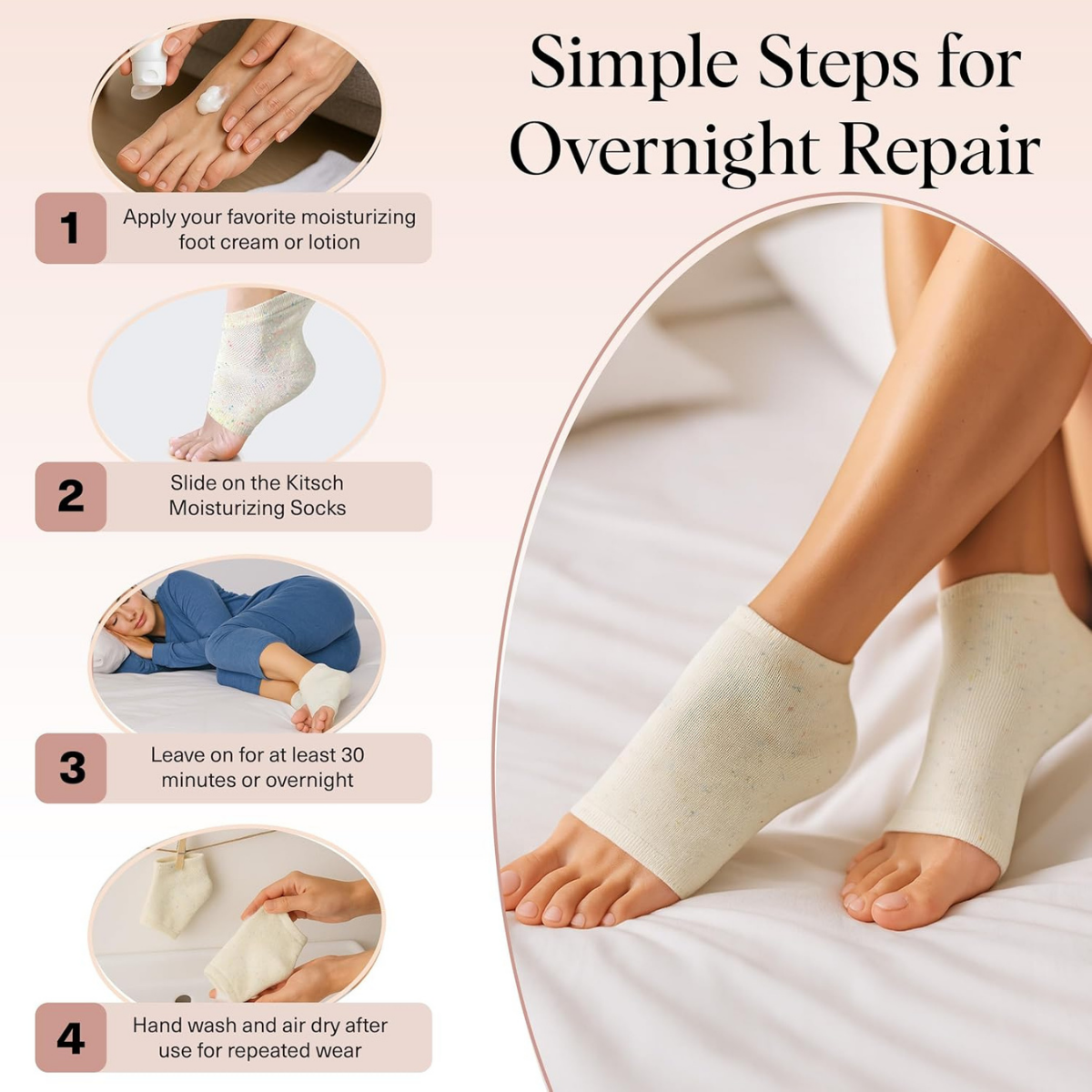 Kitsch Moisturizing Socks for Cracked Heel Treatment – Moisturizing Reusable Gel Socks for Women & Men, Overnight Heel Socks with Insulated Gel Lining for Dry Cracked Feet, Open-Toe Design - 1 Pair