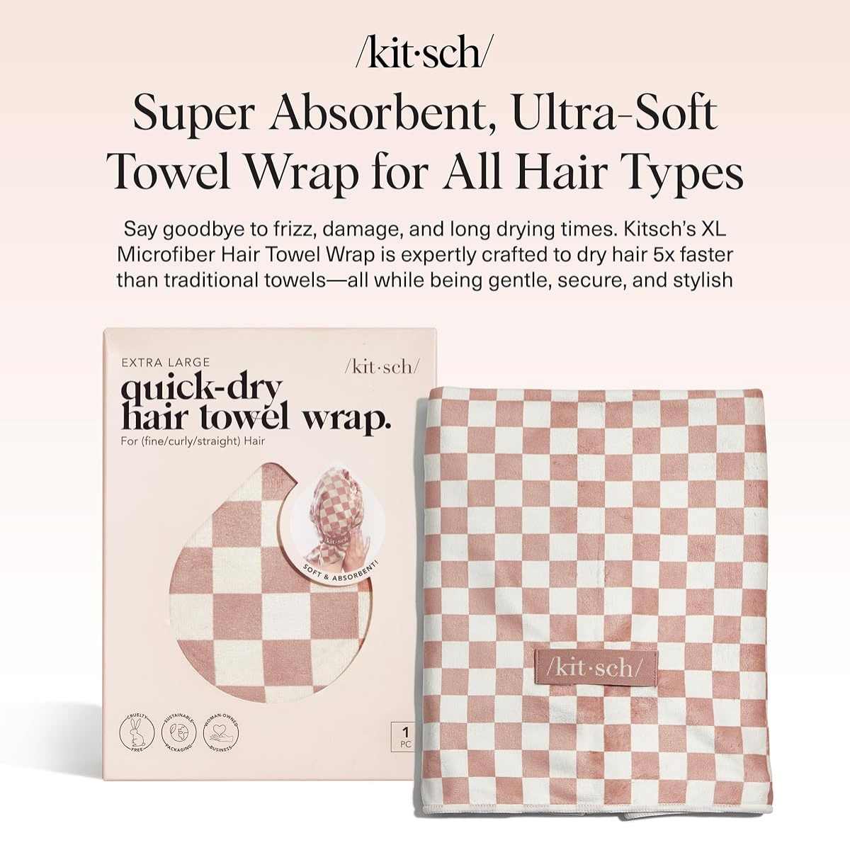 Kitsch XL Microfiber Hair Towel Wrap for Women - Microfiber Towel, Super Absorbent, Quick Dry, Anti-Frizz - for Long & Short Hairs, Turbans for Women