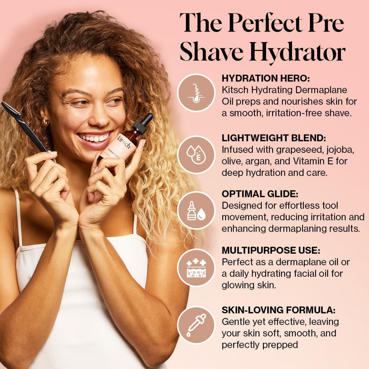 Kitsch Dermaplane Face Oil with Jojoba & Argan Oil – Hydrating Facial Formula for Dermaplaning Tool, Gua Sha & Razor Use – Irritation-Free Shave Oil for Soft, Radiant Skin - 60mL