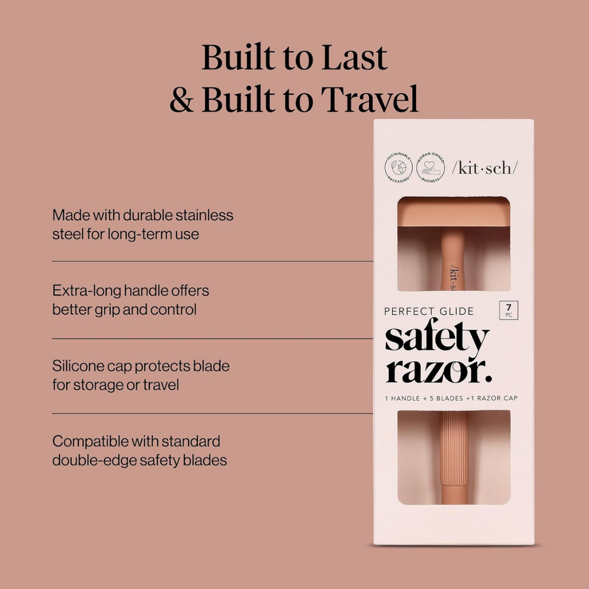 Kitsch Double Edge Safety Razors for Men and Women, Long Metal Handle and Stainless Steel Single Blade Razor, One Blade Razor with 5 Double Edge Refills, Safety Razor for Shaving - Terracotta