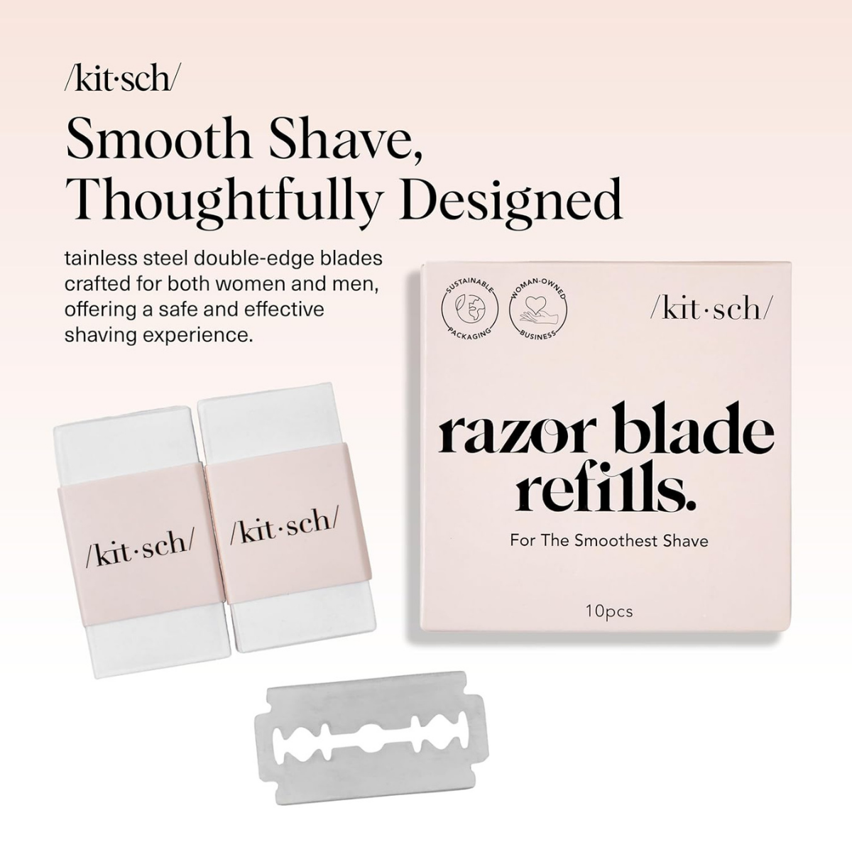 Kitsch Double Edge Razor Blades Refills – Safety Razor Blades for Smooth, Comfortable Shave – Stainless Steel Razor Refills for Safety Razors, Plastic-Free & Sustainable Shaving Blades - 10 Count