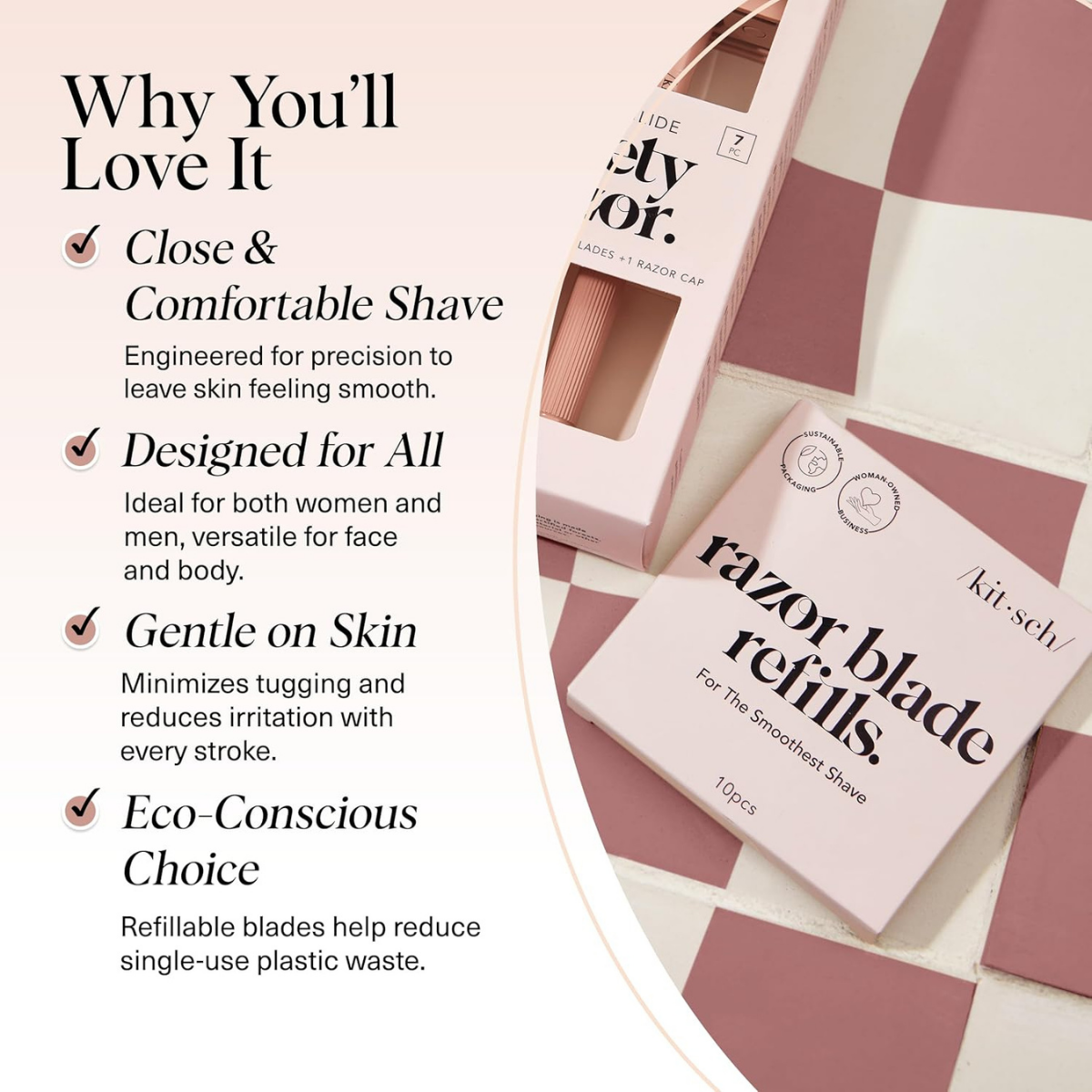 Kitsch Double Edge Razor Blades Refills – Safety Razor Blades for Smooth, Comfortable Shave – Stainless Steel Razor Refills for Safety Razors, Plastic-Free & Sustainable Shaving Blades - 10 Count