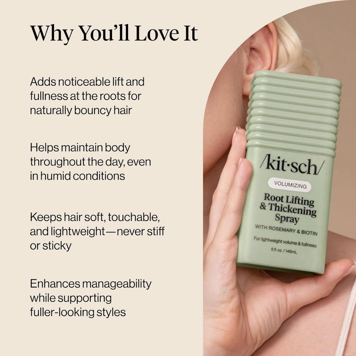 Kitsch Root Lifting Spray for Fine Hair - Thickening Hair Spray With Rosemary and Biotin | Lightweight Volumizing Spray for Instant Lift and Fullness | Adds Volume, Natural Hold - 148mL