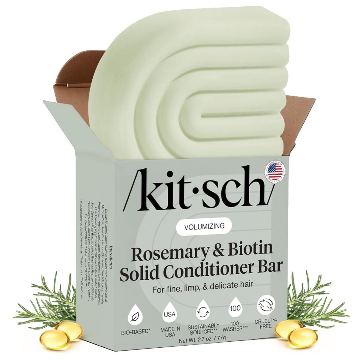 Kitsch Rosemary & Biotin Volumizing Hair Conditioner Bar for Hair Growth & Thickening – Hydrating & Cleansing Hair Conditioner for Women & Men - Paraben, Silicone & Sulfate Free 77g