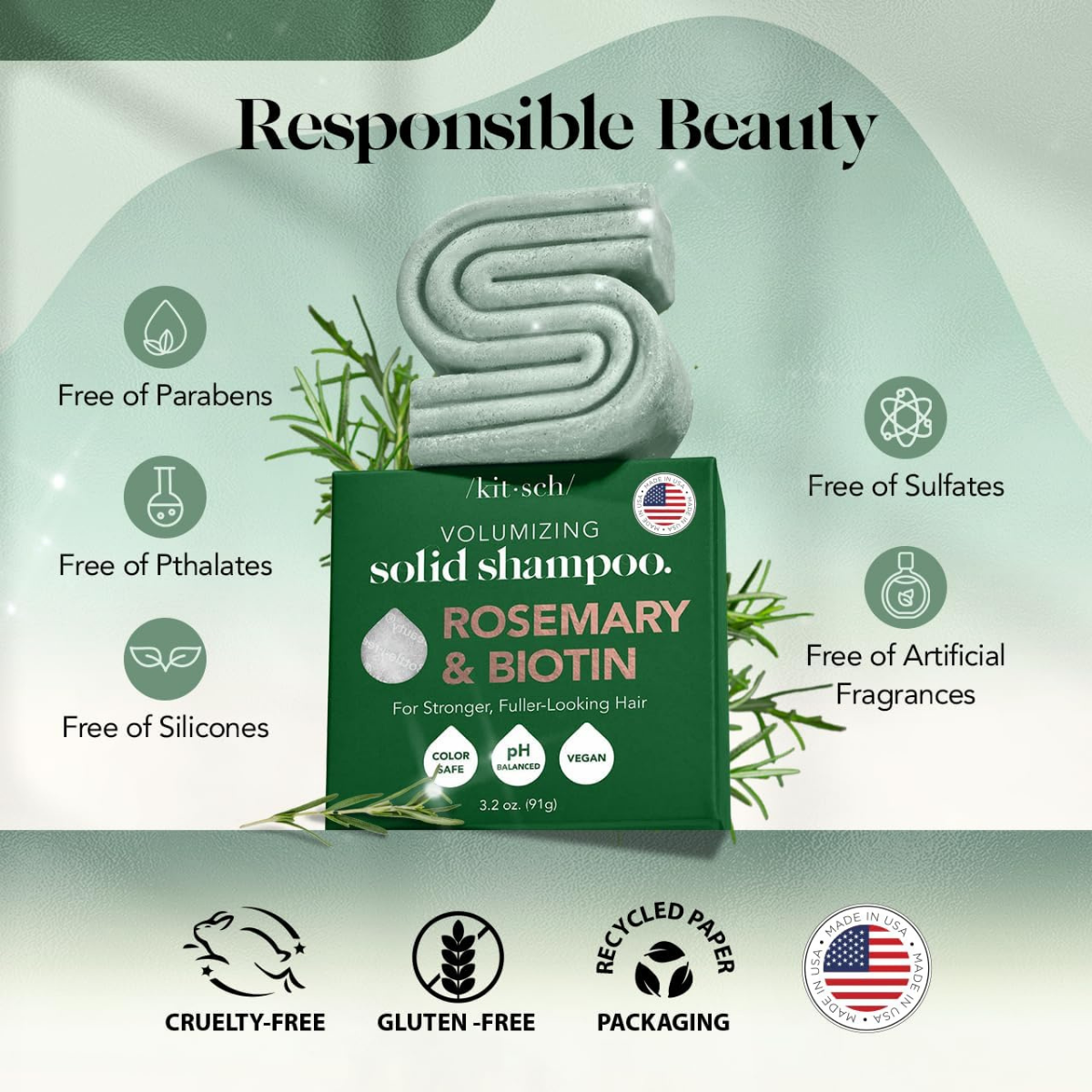 Kitsch Rosemary & Biotin Shampoo Bar - For Hair Growth, Strengthening, Thickening & Volumizing Shampoo for Women and Men - Free of Parabens, Sulfates & Silicones 91g