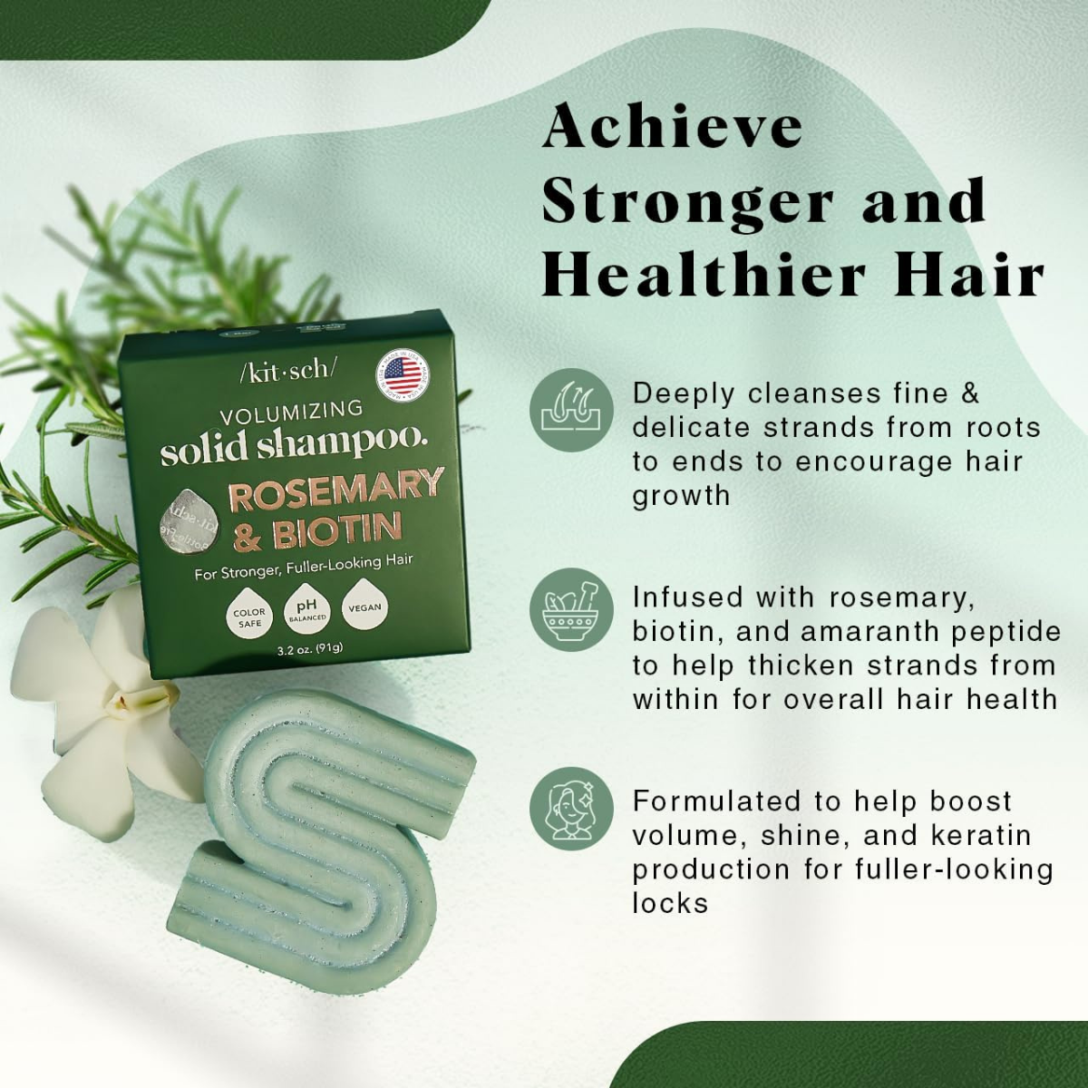 Kitsch Rosemary & Biotin Shampoo Bar - For Hair Growth, Strengthening, Thickening & Volumizing Shampoo for Women and Men - Free of Parabens, Sulfates & Silicones 91g