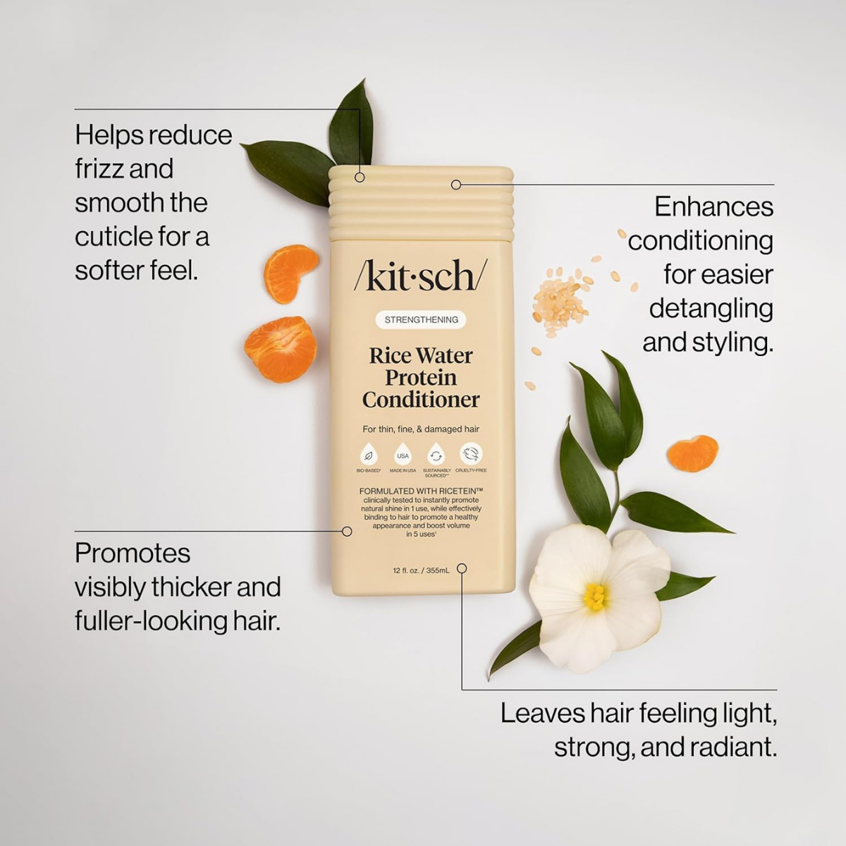 Kitsch Strengthening Rice Water Protein Conditioner for Women & Men – Hair Care for Thin, Fine & Damaged Hair, Boosts Shine & Volume – Paraben, Phthalates & Silicone Free - 355mL