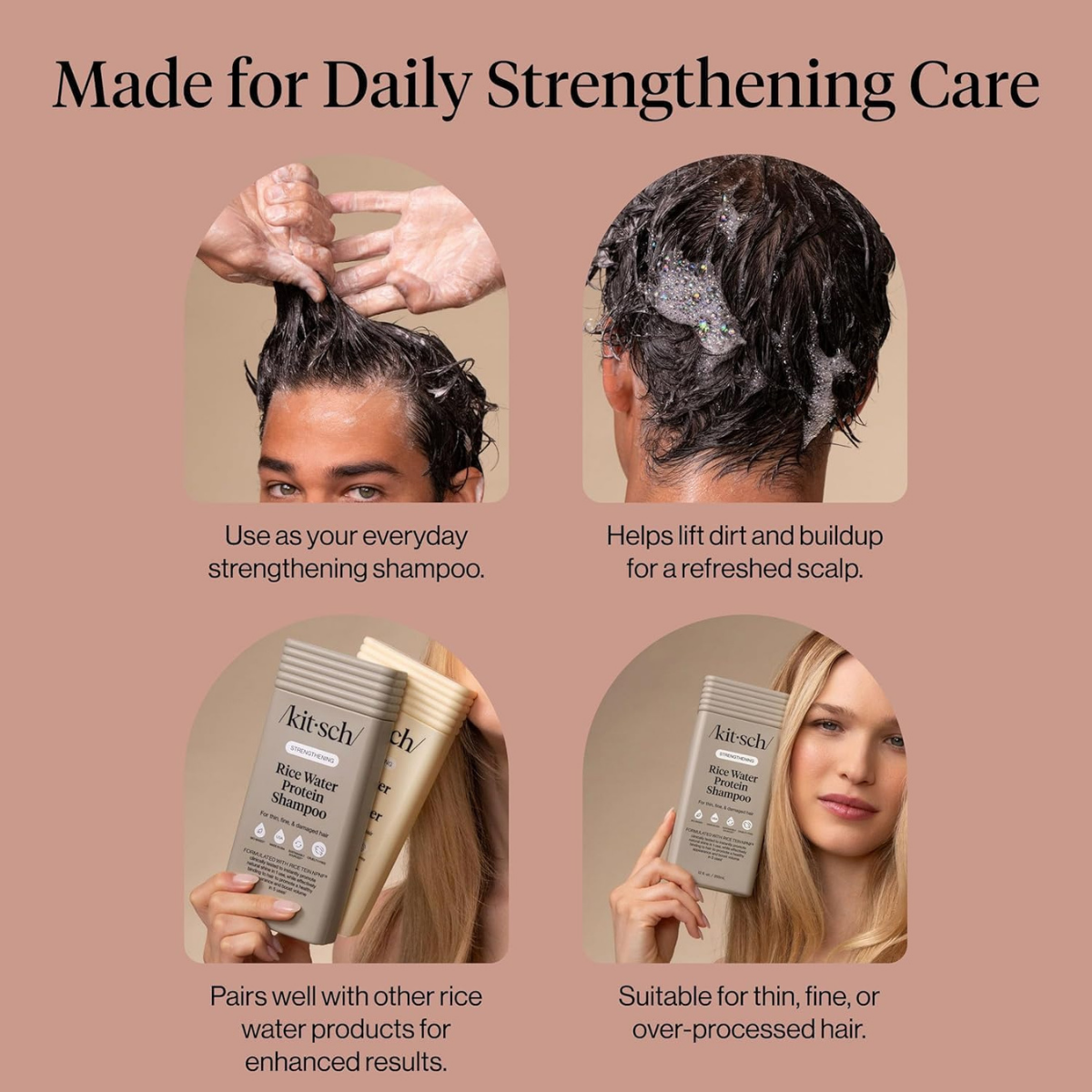 Kitsch Strengthening Rice Water Protein Shampoo for Men & Women – Hair Growth Shampoo & Volumizing Hair Care for Thin, Fine & Damaged Hair – Paraben, Phthalates & Silicone Free