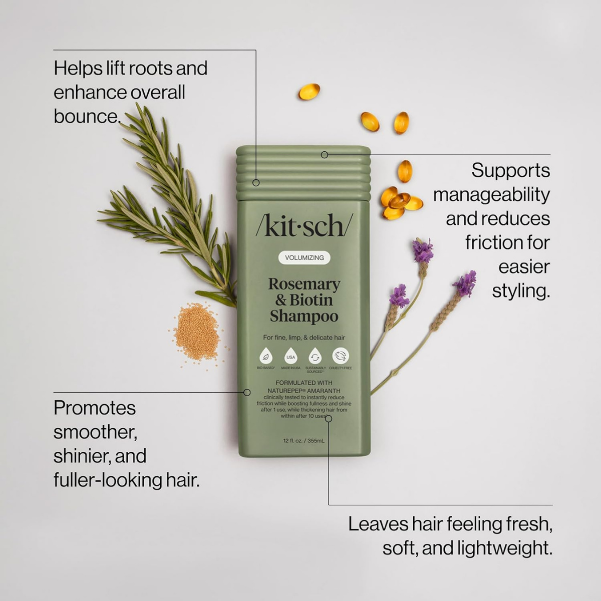 Kitsch Volumizing Rosemary & Biotin Liquid Shampoo for Hair Growth – Shampoo for Men and Women, Boosts Fullness & Shine After 1 Use – Clean Bio-Based Hair Care, Color-Safe