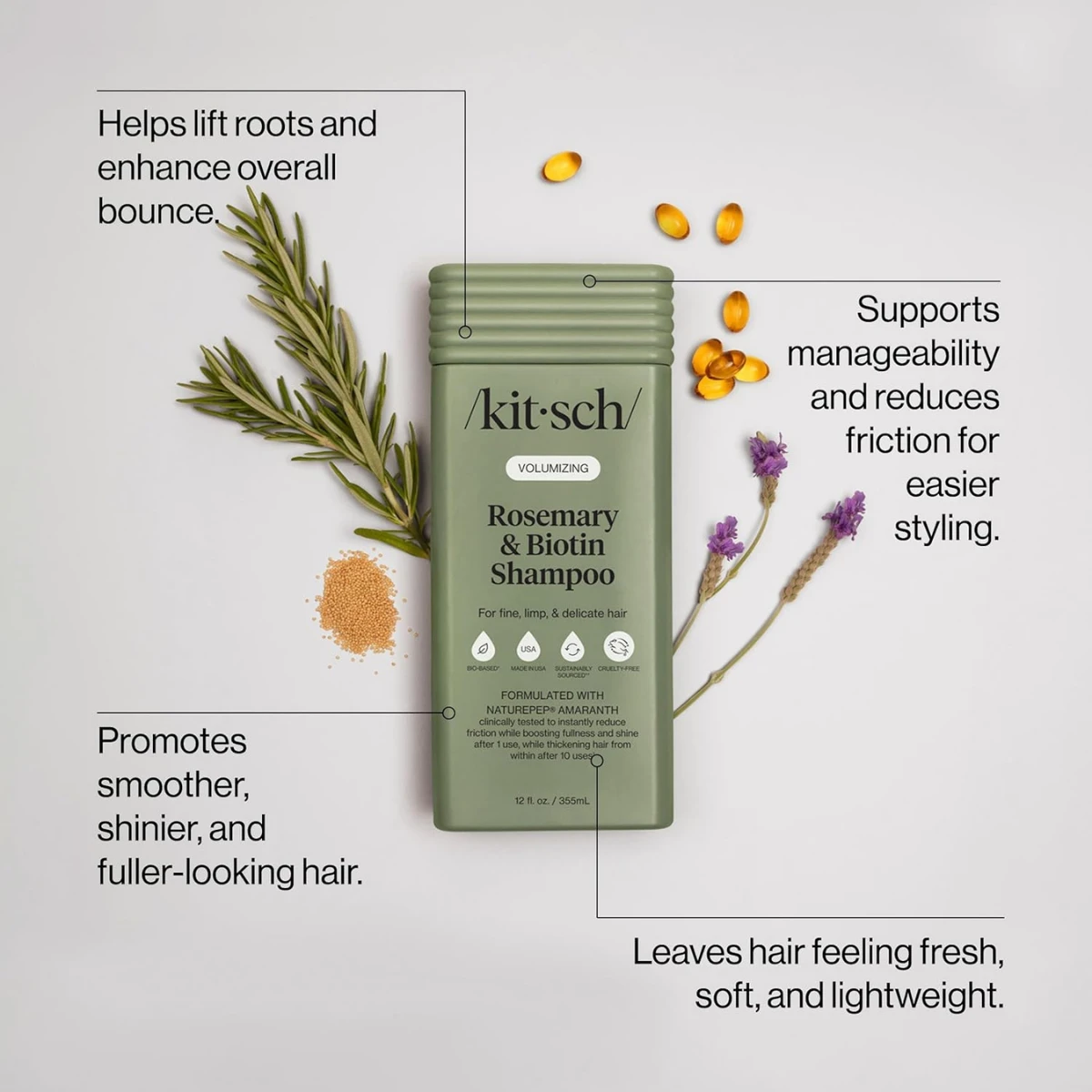 Kitsch Volumizing Rosemary & Biotin Liquid Shampoo for Hair Growth – Shampoo for Men and Women, Boosts Fullness & Shine After 1 Use – Clean Bio-Based Hair Care, Color-Safe
