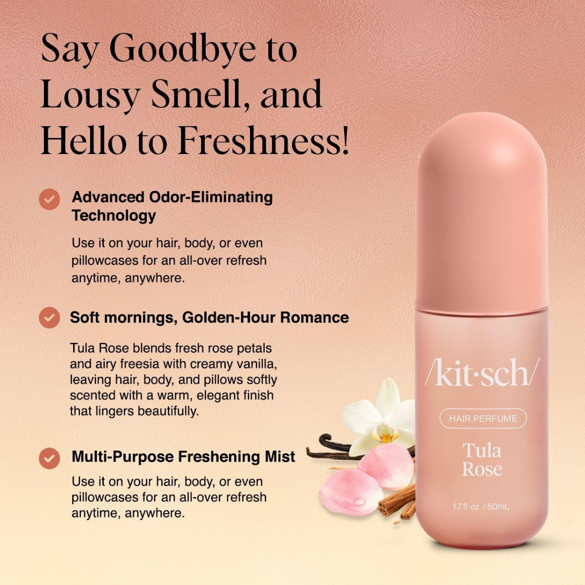 Kitsch Hair Perfume for Women - Tula Rose | Clean, Deodorizing & Patented Odor-Eliminating Technology Hair Spray & Body Mist - Freshen Hair, Body & Pillows - Floral Vanilla Scent – 50mL