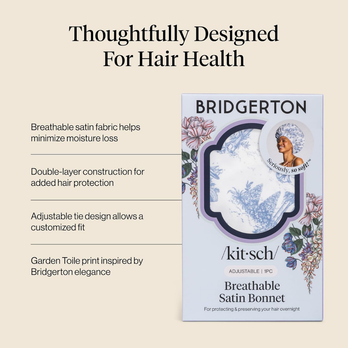 Kitsch x Bridgerton Satin Bonnet for Sleeping - Softer Than Silk Bonnet For Sleeping Women - Secure Fit, Adjustable, Night Cap For Curly & Textured Hair - Prevents Breakage & Tangles - Garden Toile