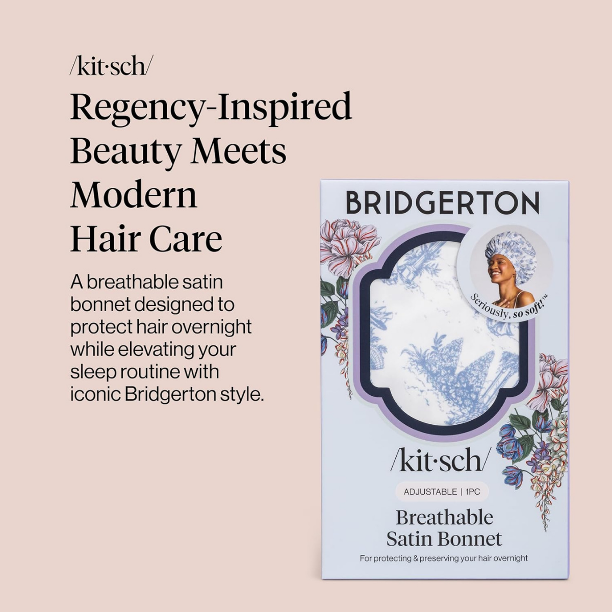 Kitsch x Bridgerton Satin Bonnet for Sleeping - Softer Than Silk Bonnet For Sleeping Women - Secure Fit, Adjustable, Night Cap For Curly & Textured Hair - Prevents Breakage & Tangles - Garden Toile