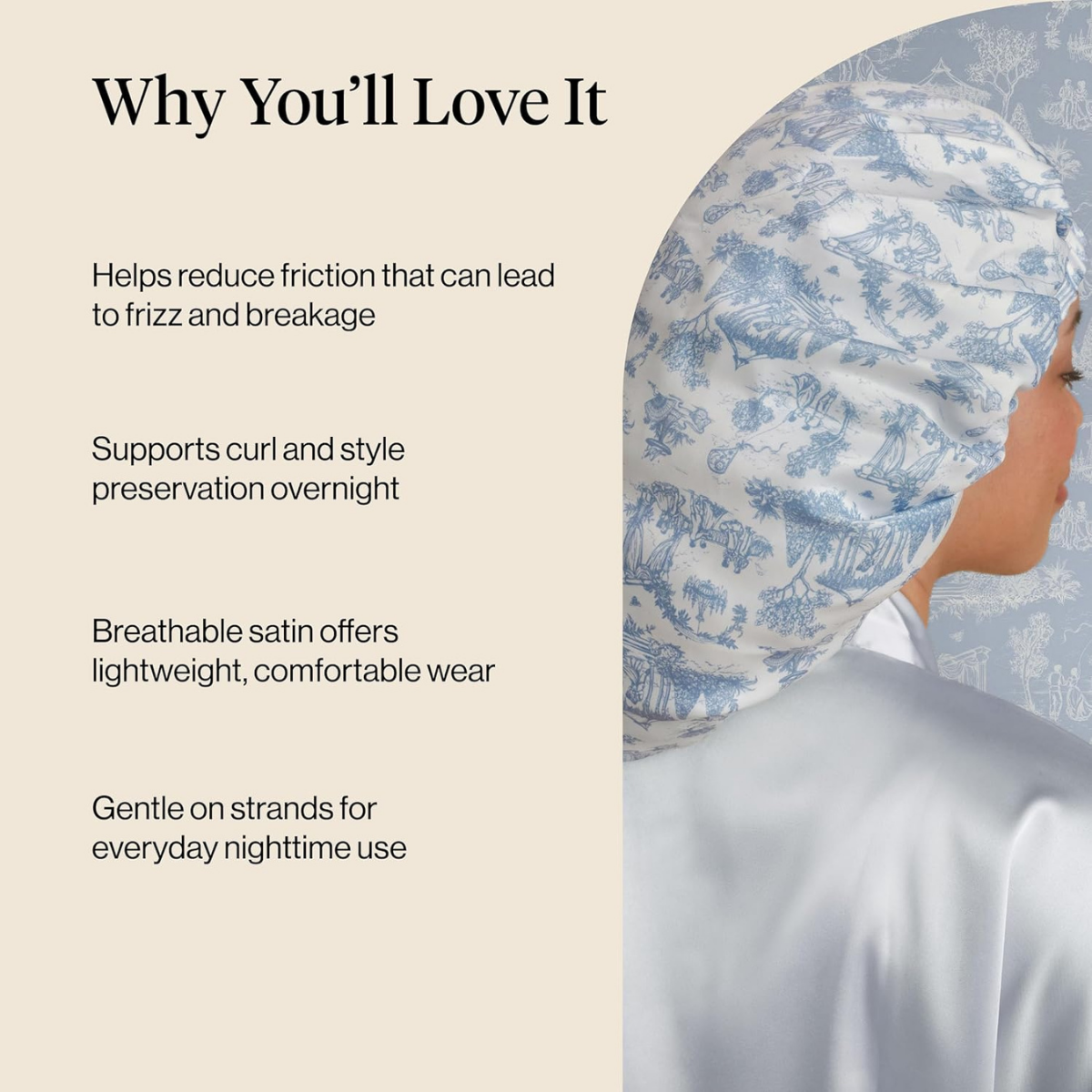 Kitsch x Bridgerton Satin Bonnet for Sleeping - Softer Than Silk Bonnet For Sleeping Women - Secure Fit, Adjustable, Night Cap For Curly & Textured Hair - Prevents Breakage & Tangles - Garden Toile