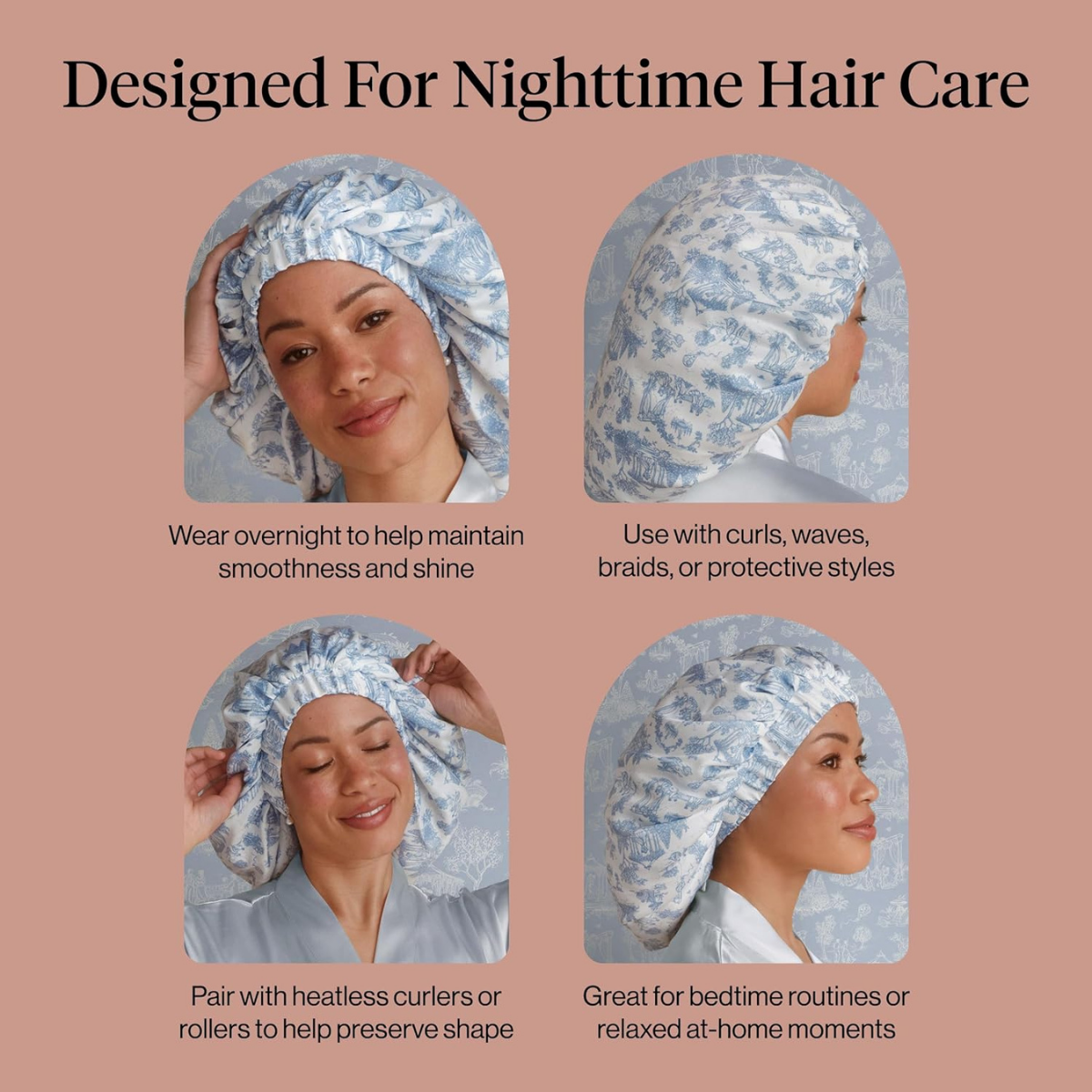 Kitsch x Bridgerton Satin Bonnet for Sleeping - Softer Than Silk Bonnet For Sleeping Women - Secure Fit, Adjustable, Night Cap For Curly & Textured Hair - Prevents Breakage & Tangles - Garden Toile