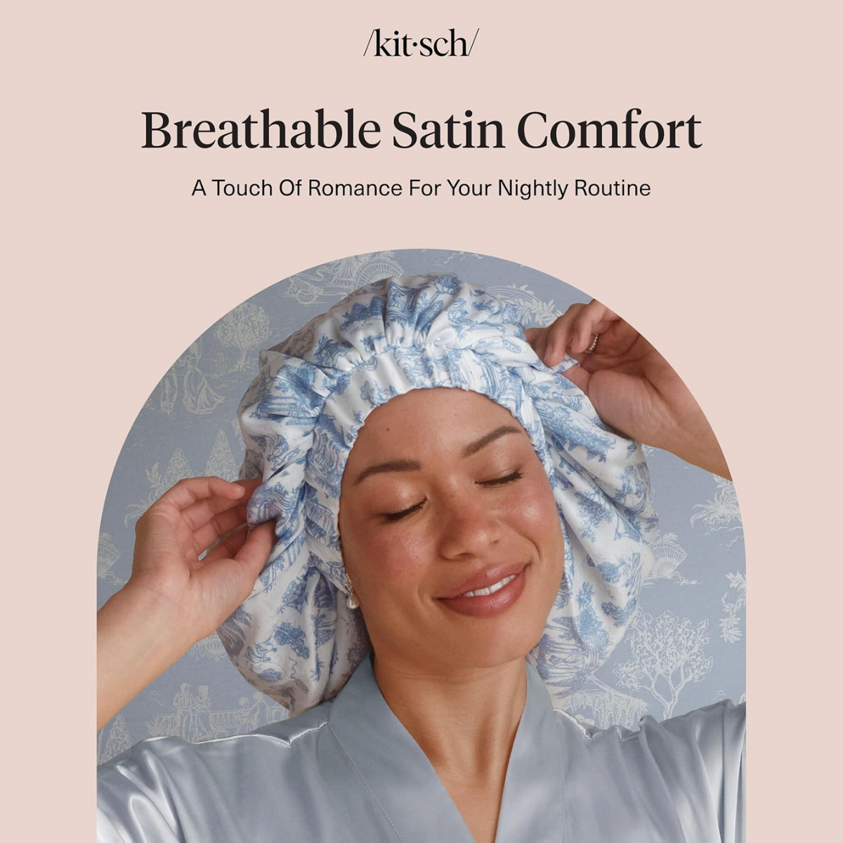 Kitsch x Bridgerton Satin Bonnet for Sleeping - Softer Than Silk Bonnet For Sleeping Women - Secure Fit, Adjustable, Night Cap For Curly & Textured Hair - Prevents Breakage & Tangles - Garden Toile