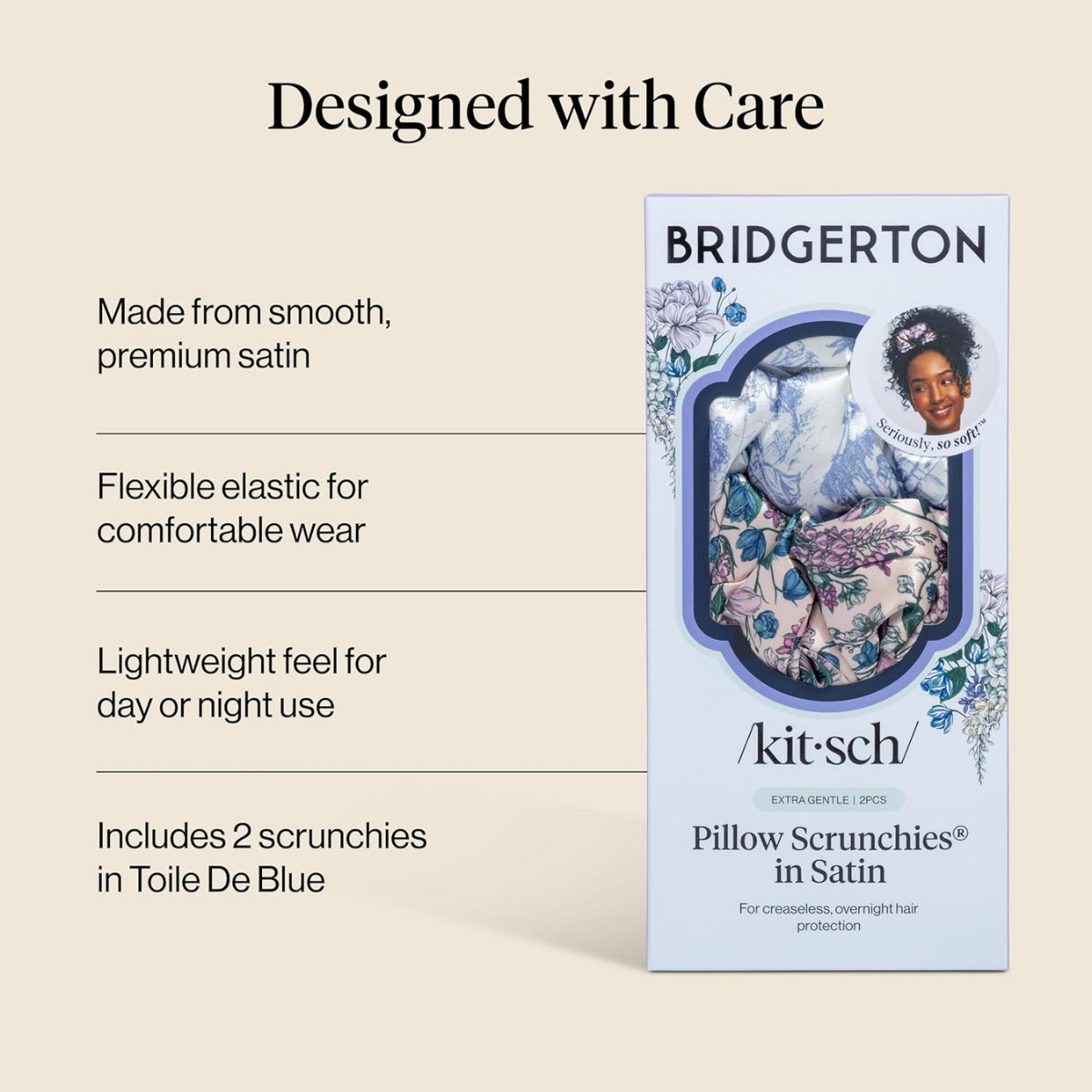 Bridgerton x Kitsch Satin Scrunchies for Women, No Snag, No Tugging, Soft & Comfortable Scrunchies for Girls, Perfect for Day or Night | Ideal Gifts for Women - Toile De Blue, 2pcs