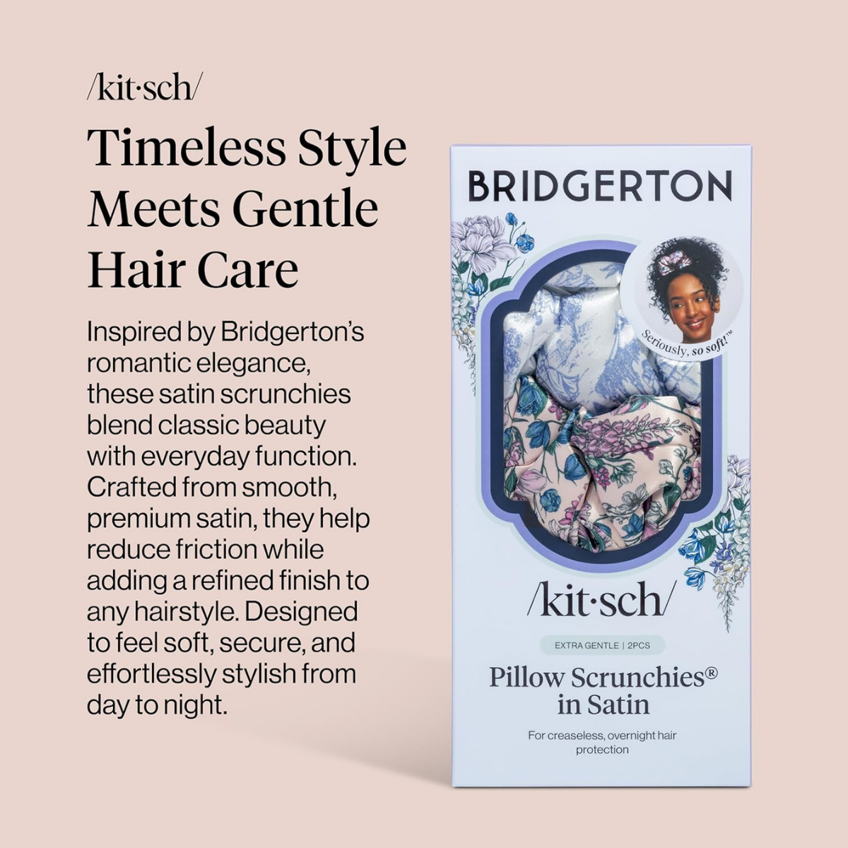 Bridgerton x Kitsch Satin Scrunchies for Women, No Snag, No Tugging, Soft & Comfortable Scrunchies for Girls, Perfect for Day or Night | Ideal Gifts for Women - Toile De Blue, 2pcs