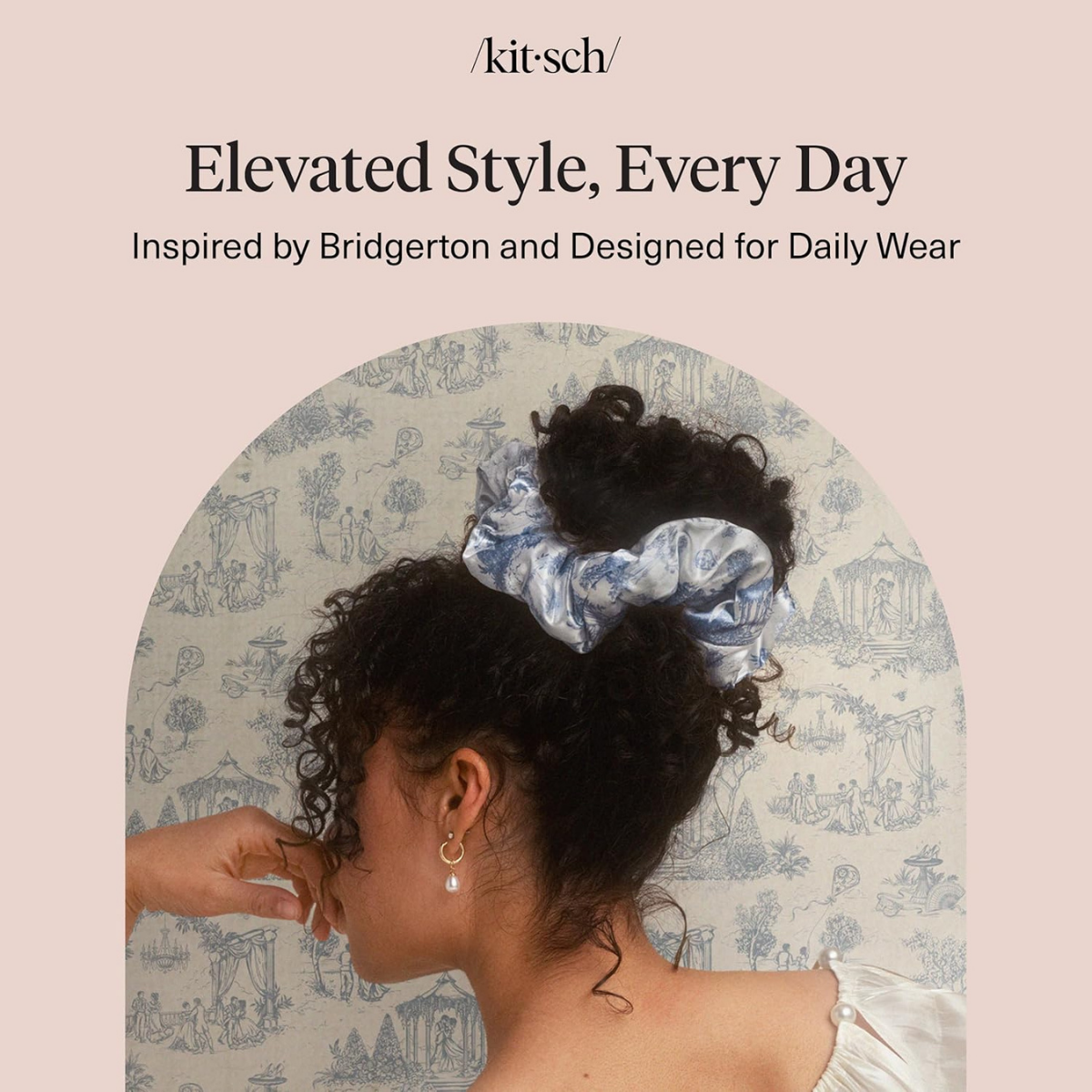 Bridgerton x Kitsch Satin Scrunchies for Women, No Snag, No Tugging, Soft & Comfortable Scrunchies for Girls, Perfect for Day or Night | Ideal Gifts for Women - Toile De Blue, 2pcs