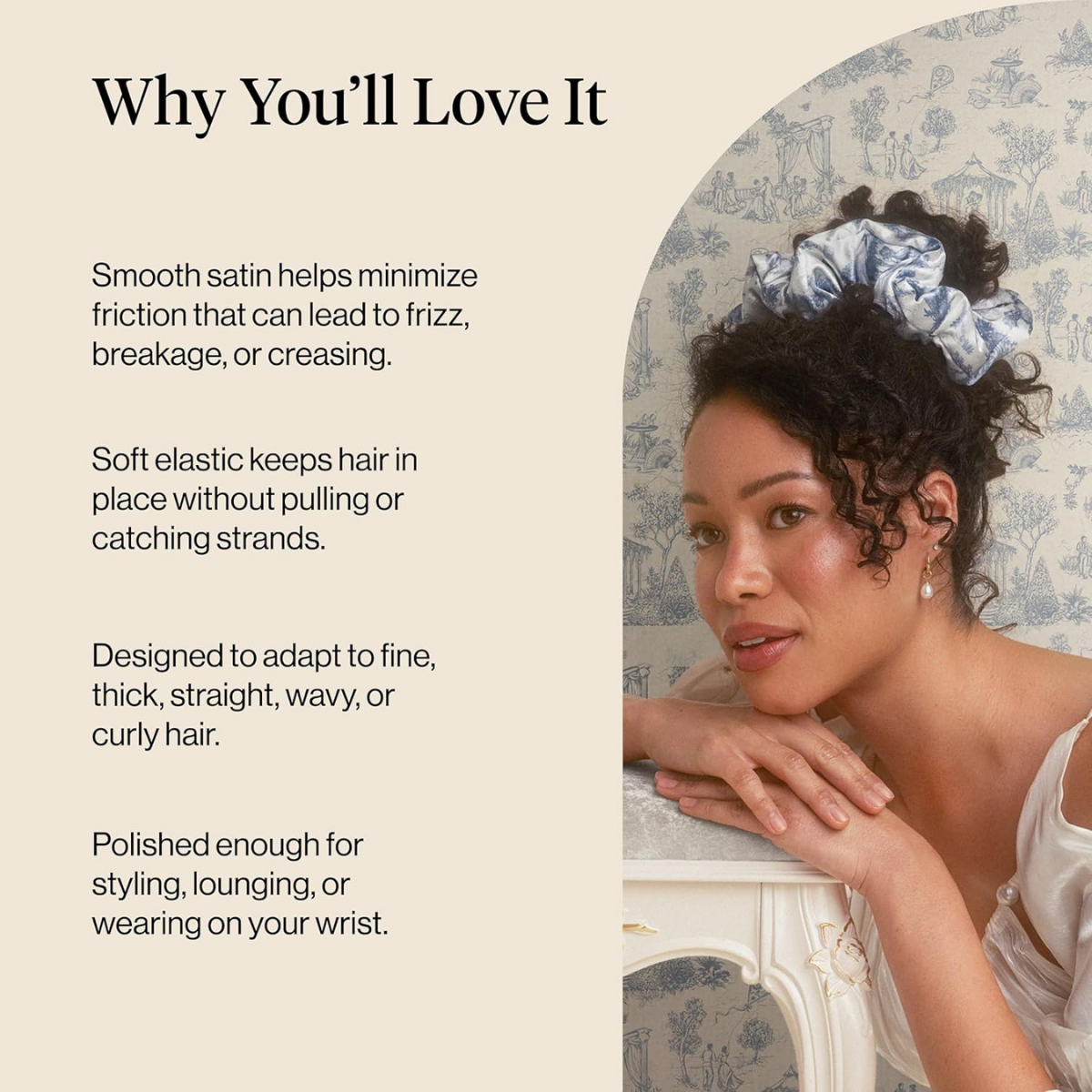 Bridgerton x Kitsch Satin Scrunchies for Women, No Snag, No Tugging, Soft & Comfortable Scrunchies for Girls, Perfect for Day or Night | Ideal Gifts for Women - Toile De Blue, 2pcs