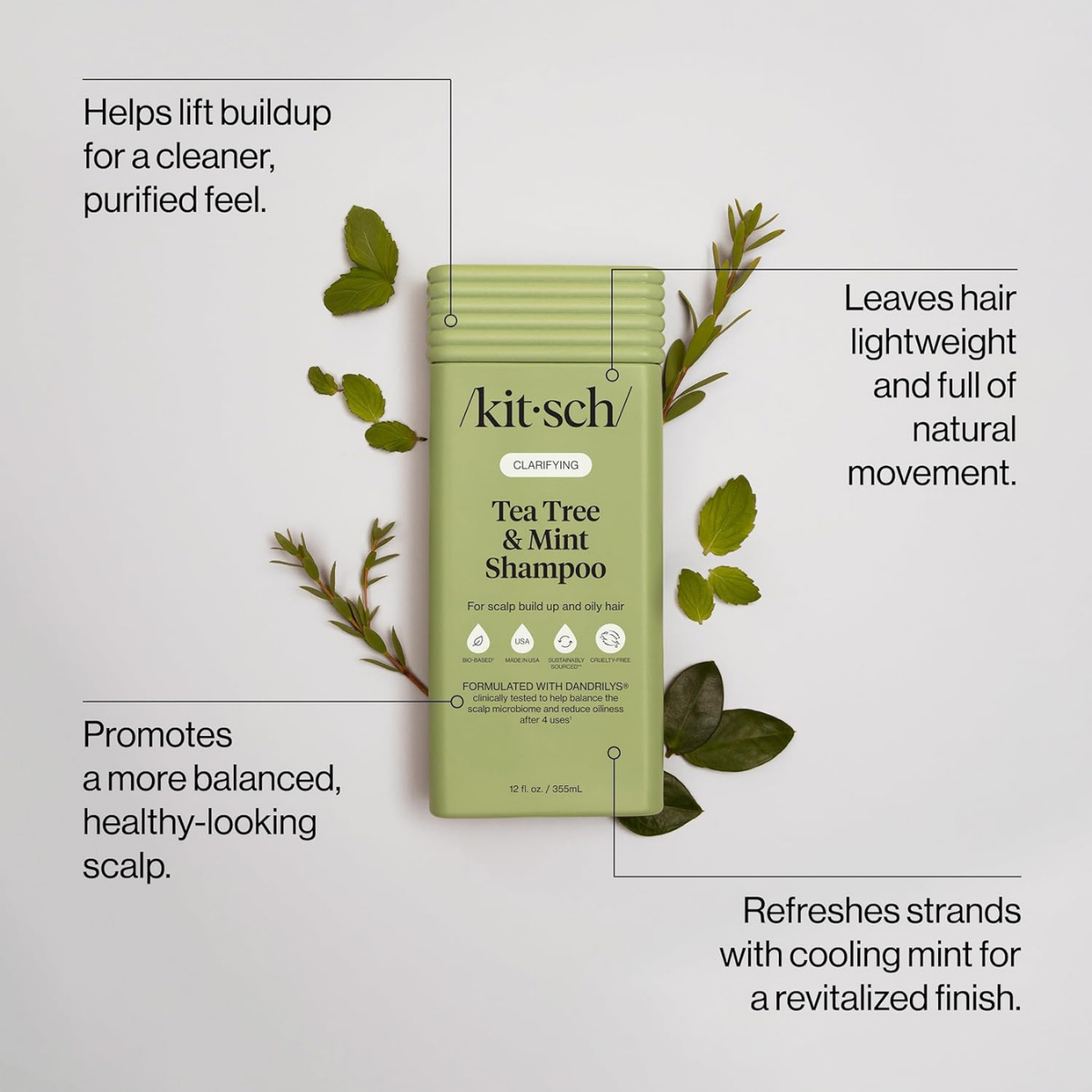 Kitsch Clarifying Tea Tree & Mint Liquid Shampoo for Men and Women – Clarifying Shampoo with Peppermint & Tea Tree Oil for Oily Hair & Scalp Buildup – Clean Color-Safe Hair Care, Made in USA