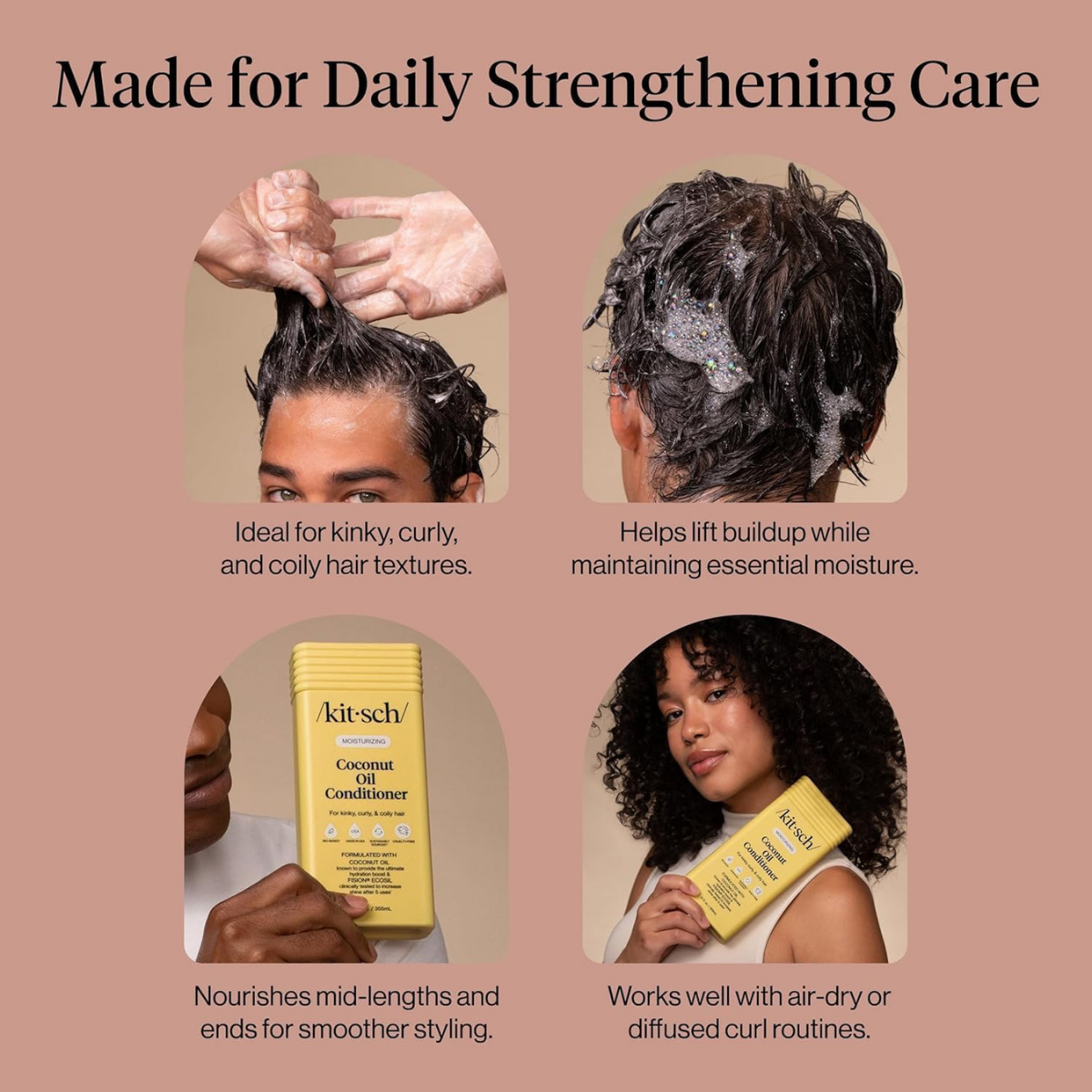 Kitsch Moisturizing Coconut Oil Liquid Conditioner for Women & Men – Coconut Oil Hair Conditioner for Kinky, Curly & Coily Hair – Deep Moisture, Shine & Manageability, Color-Safe Hair Care