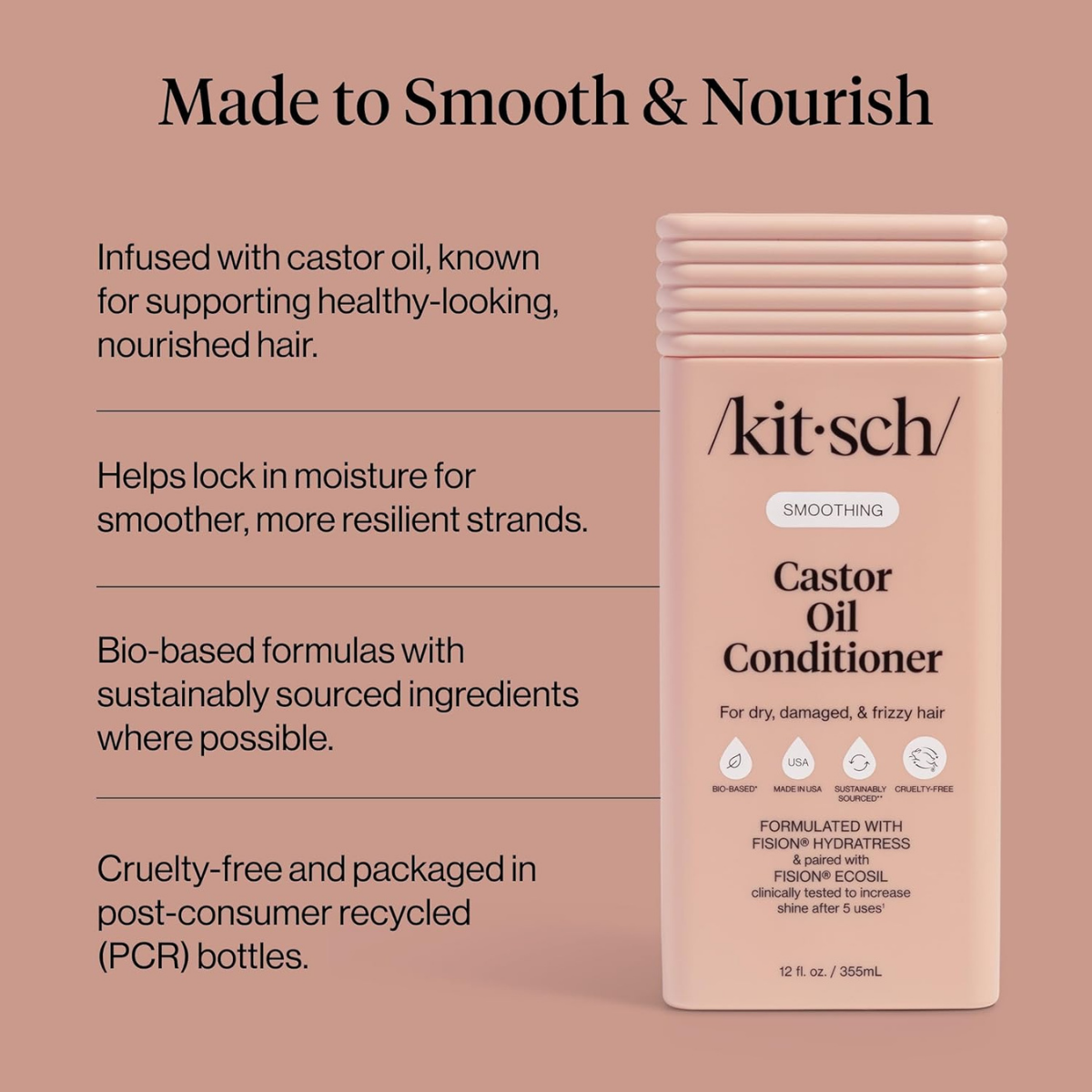 Kitsch Smoothing Castor Oil Liquid Conditioner for Women and Men – Nourishing Hair Conditioner for Dry, Damaged & Frizzy Hair – Clean, Color-Safe Hair Care, Bio-Based Formula, Made in USA