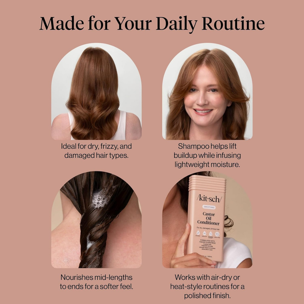 Kitsch Smoothing Castor Oil Liquid Conditioner for Women and Men – Nourishing Hair Conditioner for Dry, Damaged & Frizzy Hair – Clean, Color-Safe Hair Care, Bio-Based Formula, Made in USA