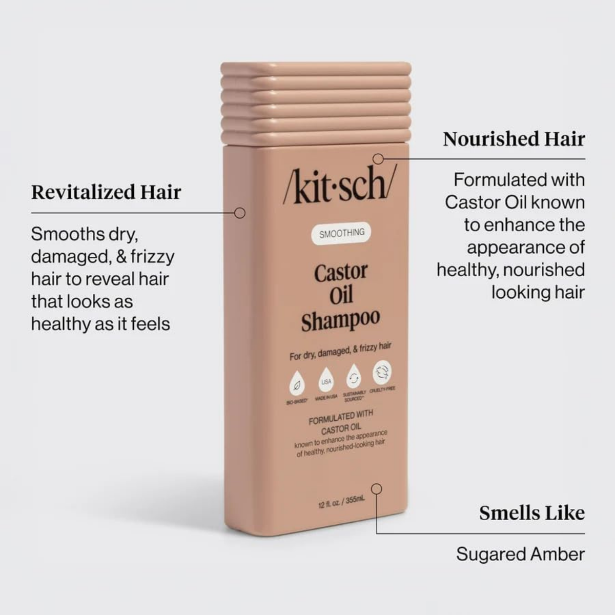 Kitsch Smoothing Castor Oil Liquid Shampoo – Nourishing Hair Shampoo for Men and Women – Smooths Dry, Damaged & Frizzy Hair – Clean, Bio-Based, Color-Safe Hair Care, Made in USA