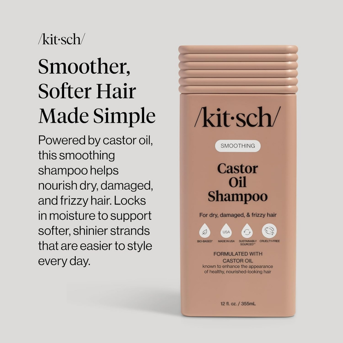 Kitsch Smoothing Castor Oil Liquid Shampoo – Nourishing Hair Shampoo for Men and Women – Smooths Dry, Damaged & Frizzy Hair – Clean, Bio-Based, Color-Safe Hair Care, Made in USA