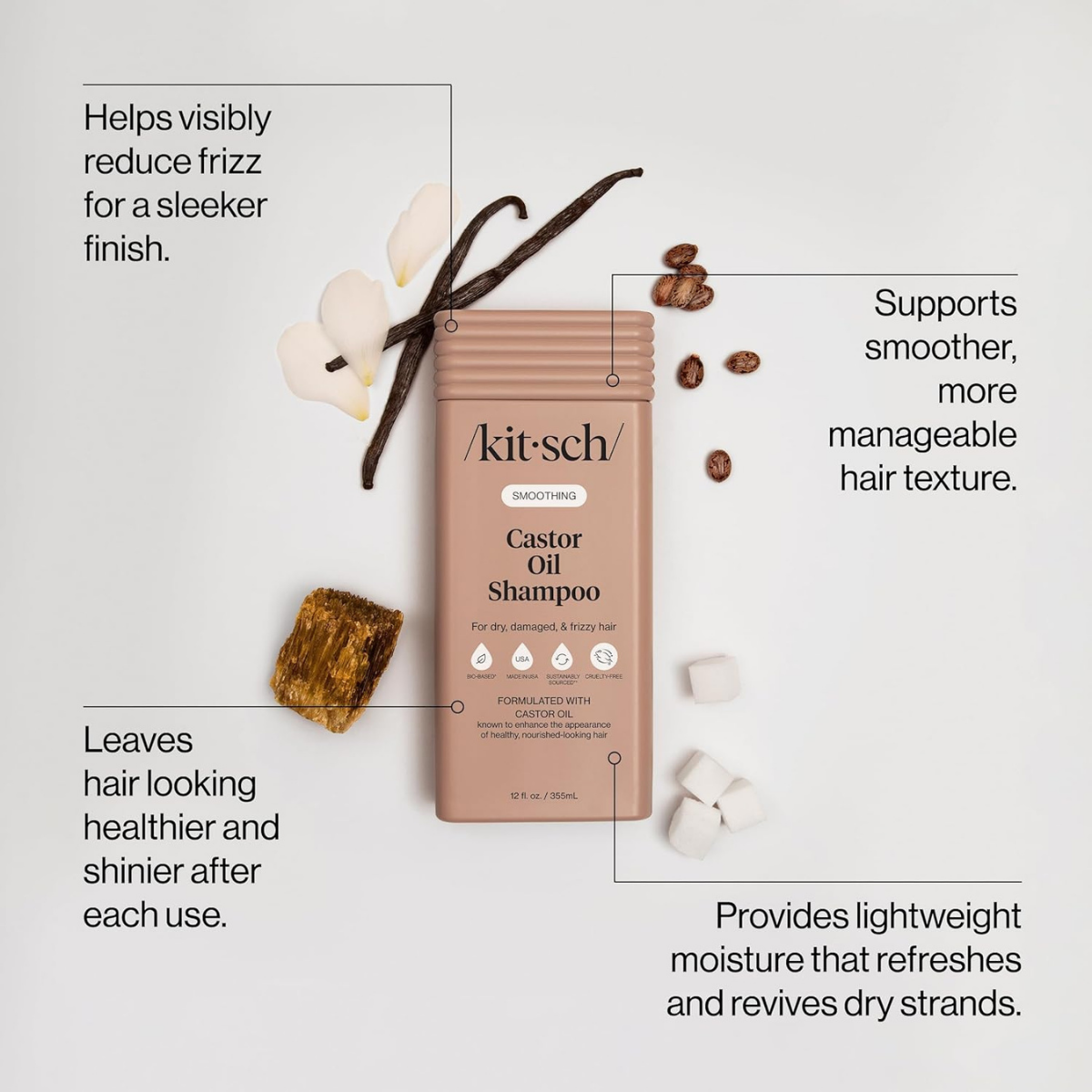 Kitsch Smoothing Castor Oil Liquid Shampoo – Nourishing Hair Shampoo for Men and Women – Smooths Dry, Damaged & Frizzy Hair – Clean, Bio-Based, Color-Safe Hair Care, Made in USA