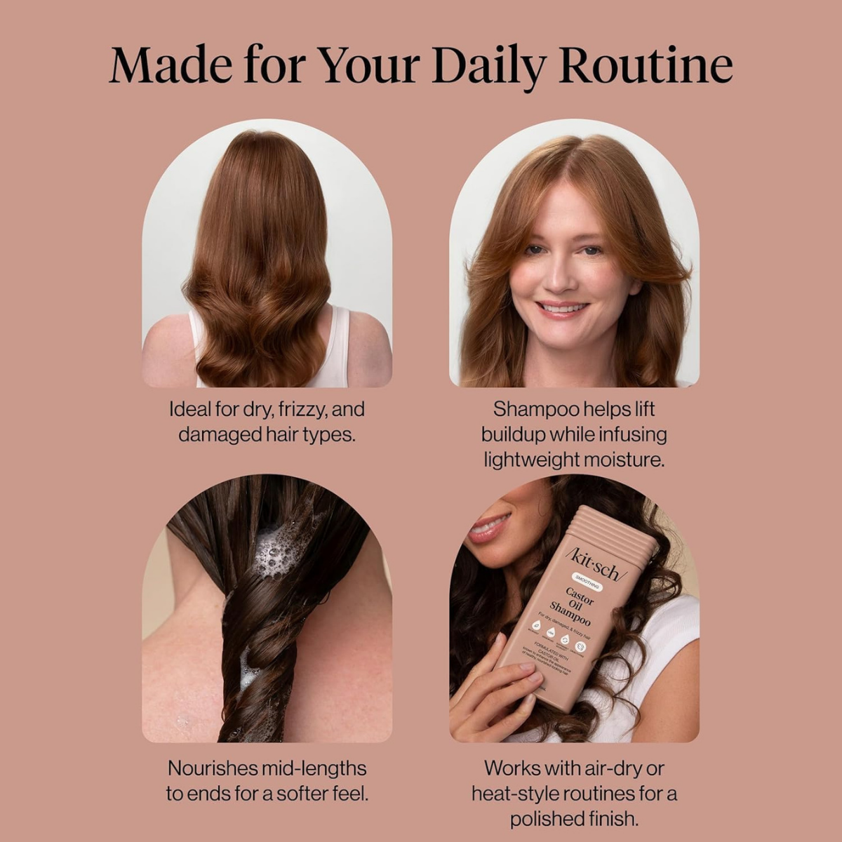 Kitsch Smoothing Castor Oil Liquid Shampoo – Nourishing Hair Shampoo for Men and Women – Smooths Dry, Damaged & Frizzy Hair – Clean, Bio-Based, Color-Safe Hair Care, Made in USA