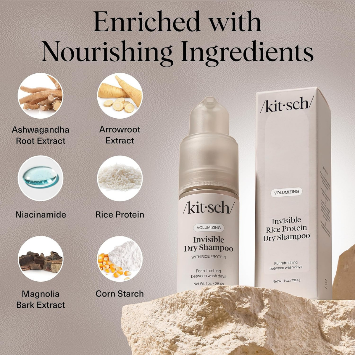 Kitsch Volumizing Rice Protein Dry Shampoo Powder - Dry Shampoo for Women & Men, No White Cast, Absorbs Oil, Non-Greasy, Light-to-medium Hair Colors, Travel Size | Ideal Gifts for Women- Invisible