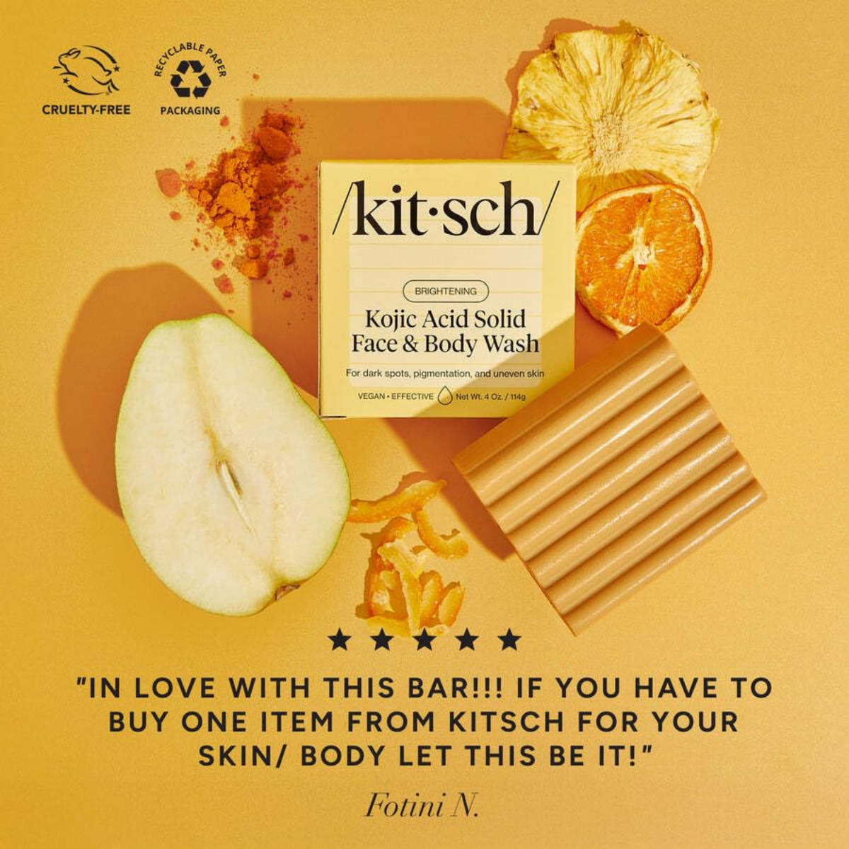 Kitsch Kojic Acid Soap – Turmeric Soap Bar with Hyaluronic Acid & Shea Butter – Brightening & Hydrating Body Wash & Face Wash for Dark Spots, Even Skin Tone & Natural Glow - Made in USA