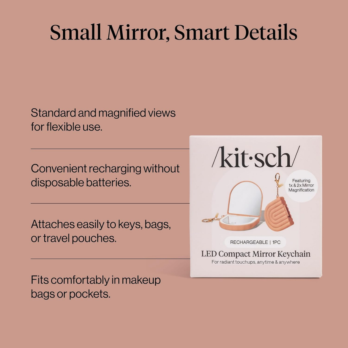 Kitsch Compact Mirror Keychain – Travel Makeup Mirror with Lights, Small Lighted Dual-Magnification Pocket Mirrors, USB-Rechargeable, Ideal for Your Touch-Ups While On Travel – Terracotta
