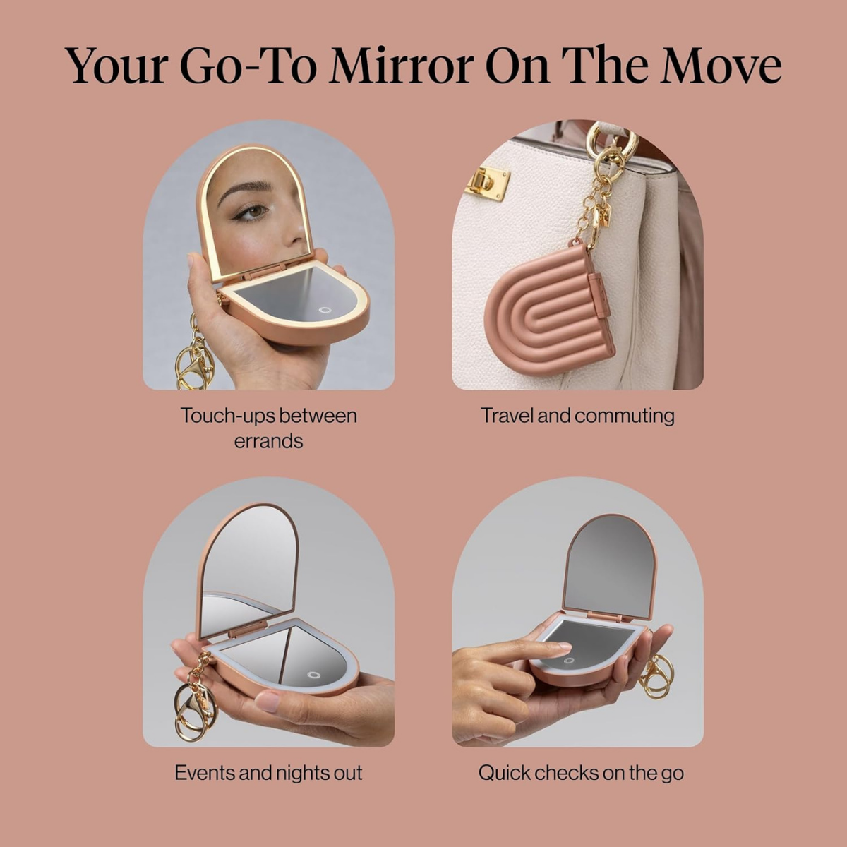 Kitsch Compact Mirror Keychain – Travel Makeup Mirror with Lights, Small Lighted Dual-Magnification Pocket Mirrors, USB-Rechargeable, Ideal for Your Touch-Ups While On Travel – Terracotta