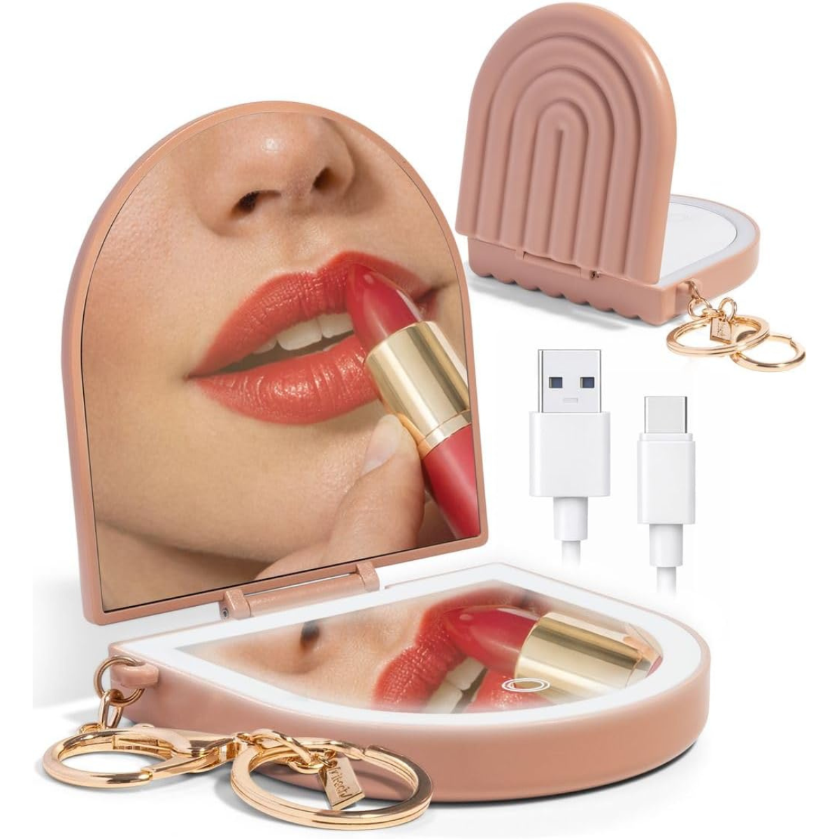 Kitsch Compact Mirror Keychain – Travel Makeup Mirror with Lights, Small Lighted Dual-Magnification Pocket Mirrors, USB-Rechargeable, Ideal for Your Touch-Ups While On Travel – Terracotta