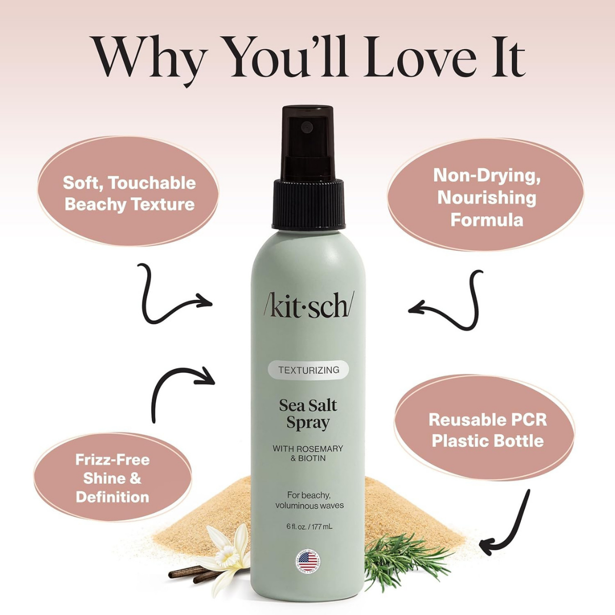 Kitsch Sea Salt Spray for Men and Women | Hair Spray with Rosemary, Biotin, Magnesium – Hair Texturizer for Natural Curls and Beach Waves | Ideal Gifts for Women, 177 mL