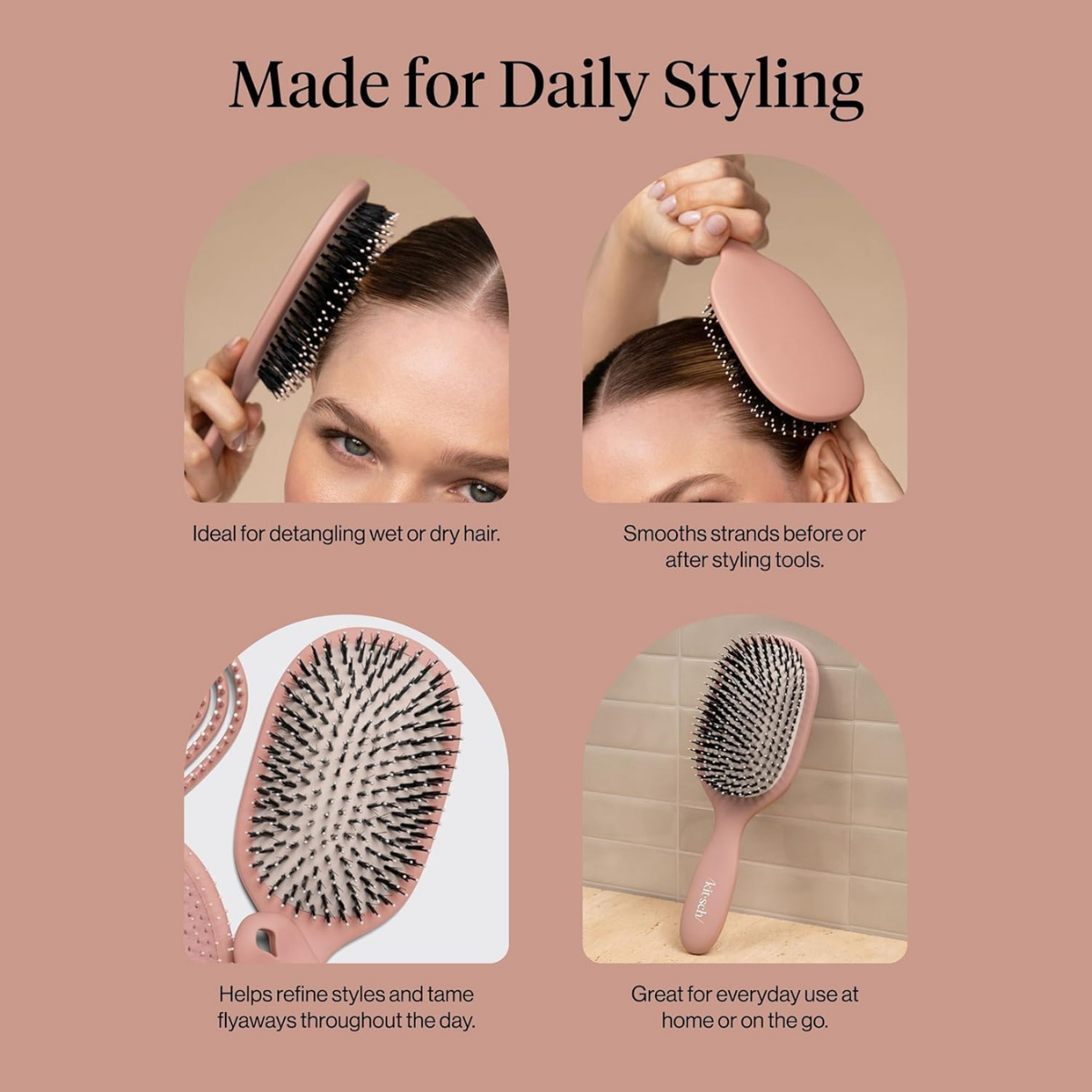 Kitsch Smooth & Polish Brush – Dual Bristle Detangler Brush, Shine & Frizz Control – Vegan Boar & Nylon Hair Brush with Cushioned Pad for Scalp Massage – Hair Care Tool for All Hair Types - Terracotta