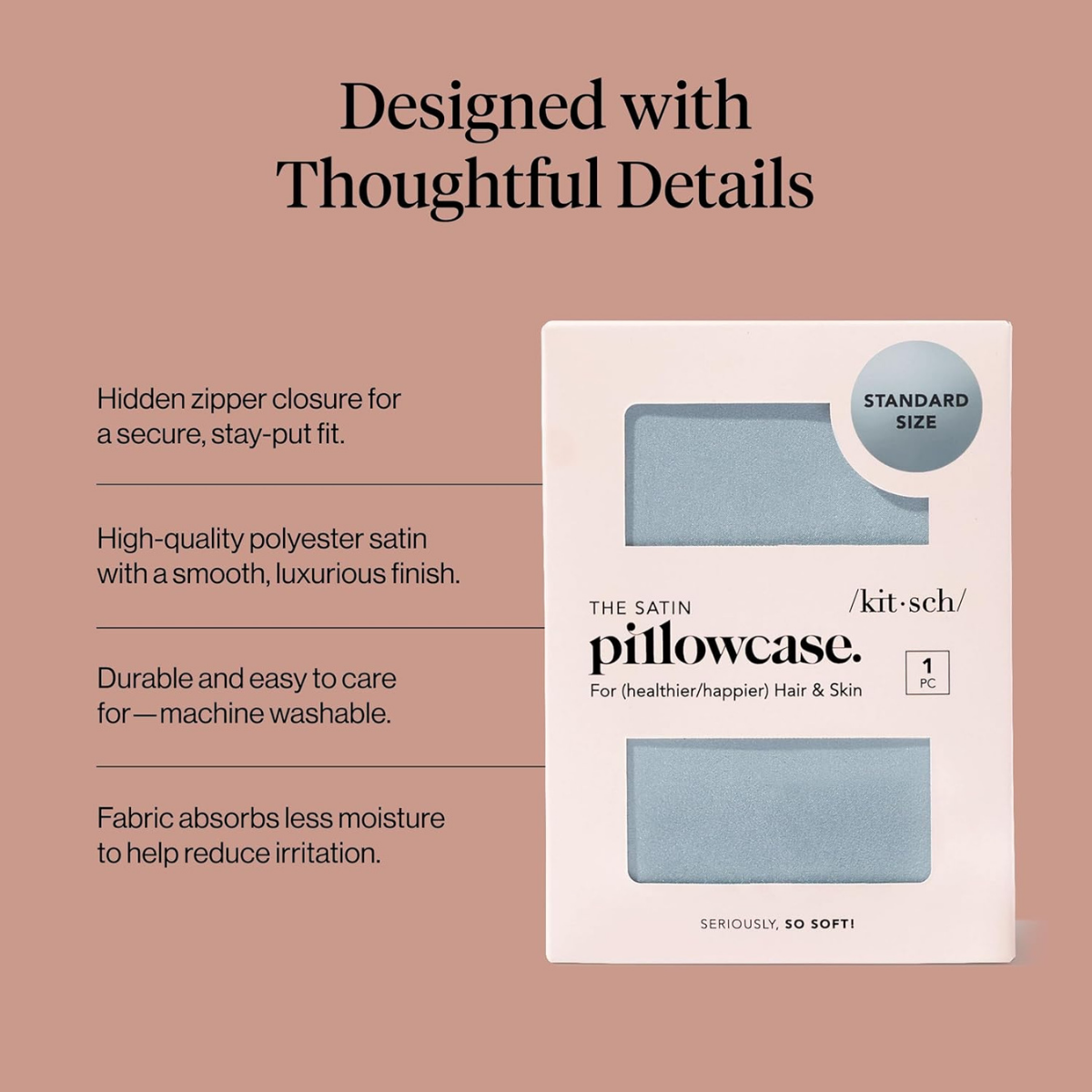 Kitsch Satin Pillowcase with Zipper for Hair & Skin - Softer Than Silk Pillow Cases, Smooth Cooling Satin Pillow Case, Wrinkle-Free, Machine Washable - Pillow Cases Standard Size (66x48 cm) - Haze Blue